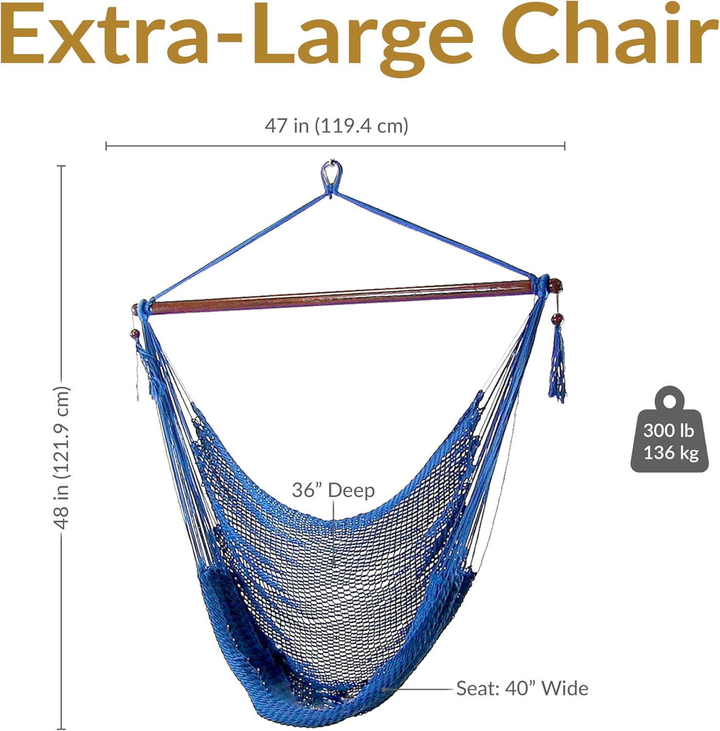 Sunnydaze Hanging Hammock Chair Swing for Patio, Caribbean, Tan | 300 lb Capacity, Wooden Spreader Bar, Woven Polyester, Hang From a Tree, Hammock Chair Stand, or Ceiling, Hammock Swing Chair