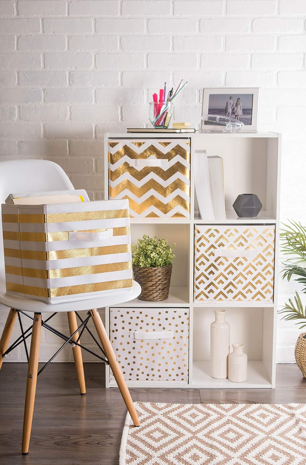 DII Woven Polyester Storage Bin, Polka Dot, White & Gold, Large Set of 2