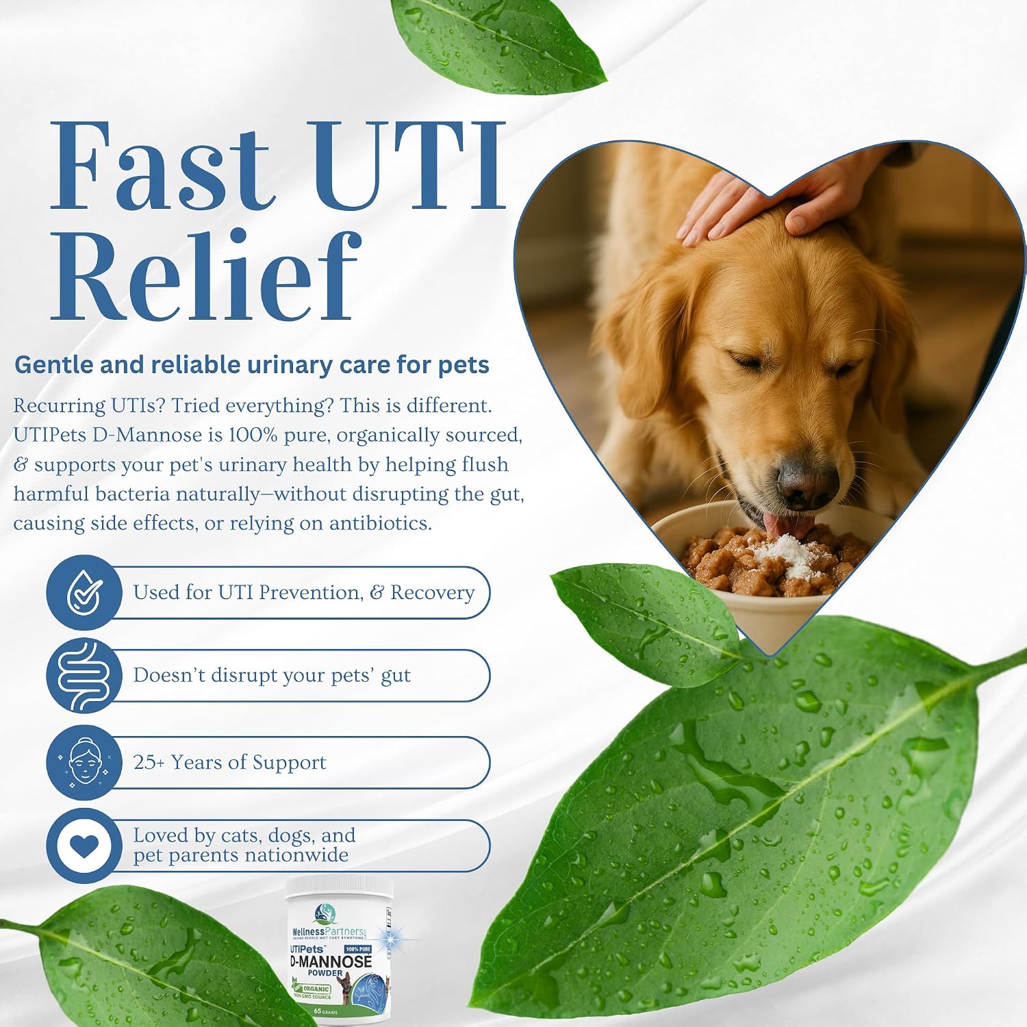 UTI Pets Pure D-Mannose Non GMO Organically Sourced Powder 65gram jar
