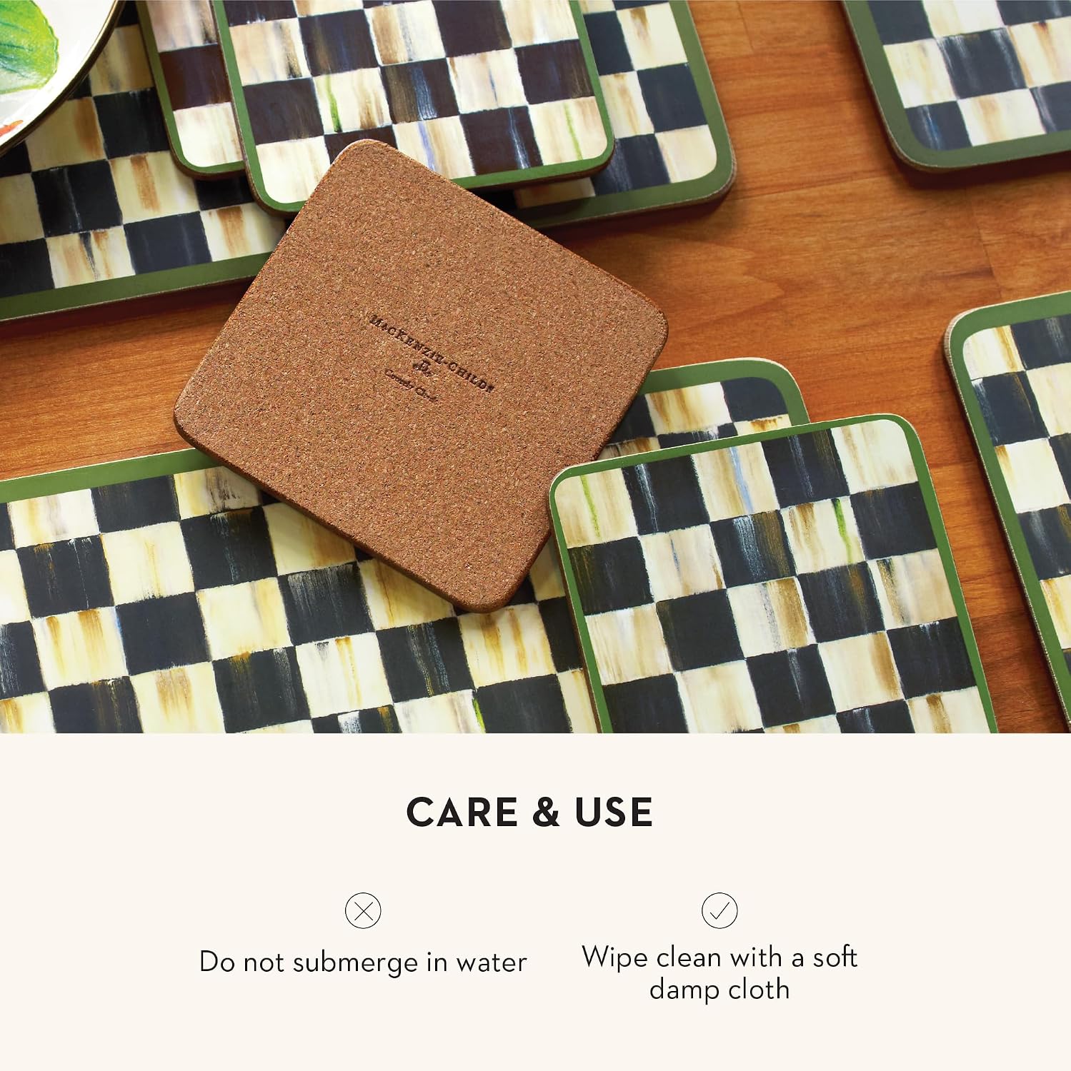 MACKENZIE-CHILDS Square Coasters Set, Black-and-White Courtly Check | Hand-painted design, made from MDF with a cork back, table coasters for drinks, 4" square, set of 4