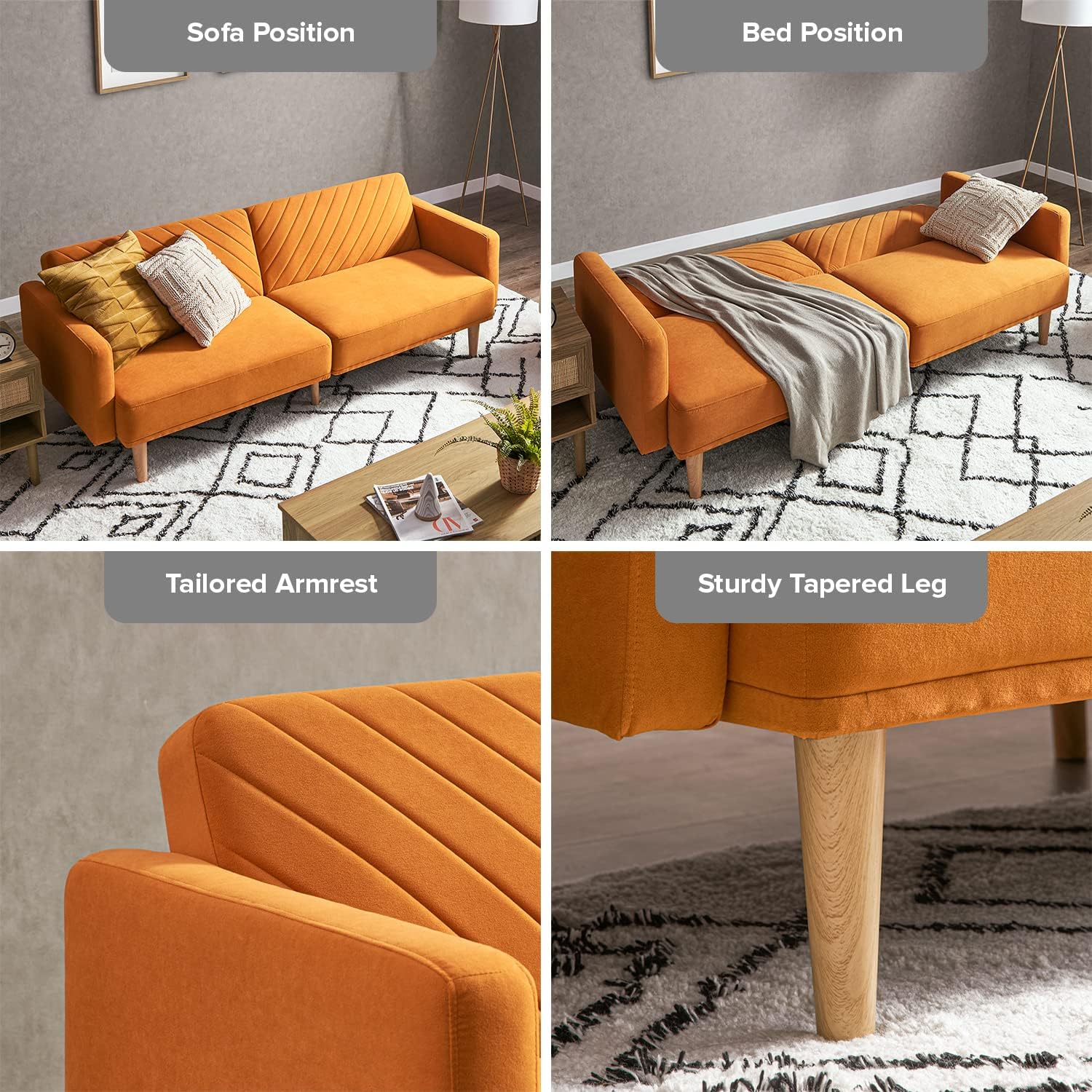 mopio 76.4" Futon Sofa Bed Chevron Styled, Sleeper Couch (Old Rosa Velvet)