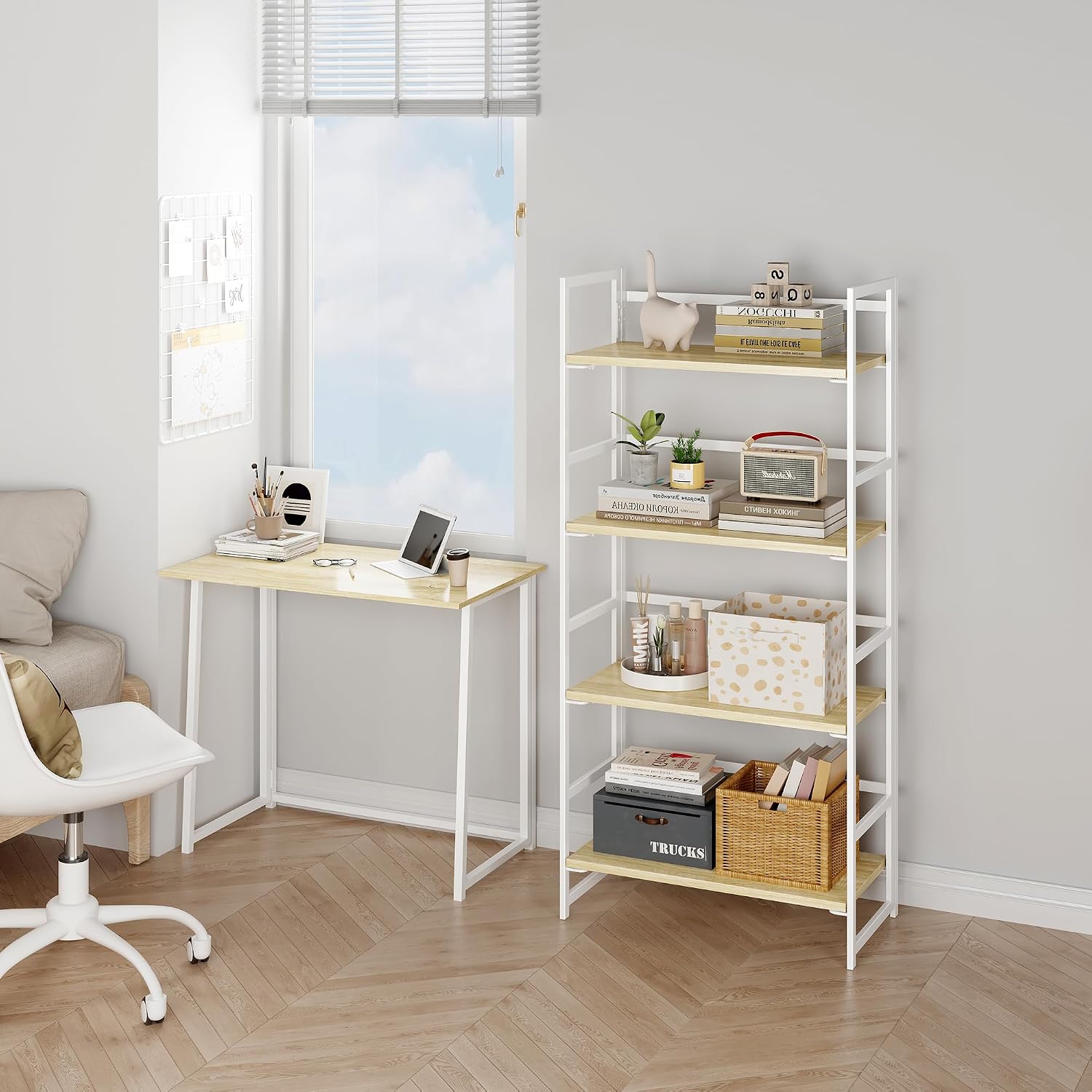 Vintage Multifunctional Folding Bookshelf, No-Assembly Plant Stand Storage Rack Shelves for Home Office (Fire, 5-Tier)