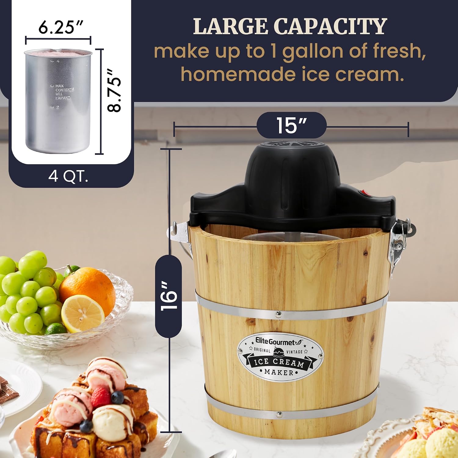 Elite Gourmet EIM402 4Qt Old Fashioned Wood Bucket Ice Cream Maker
