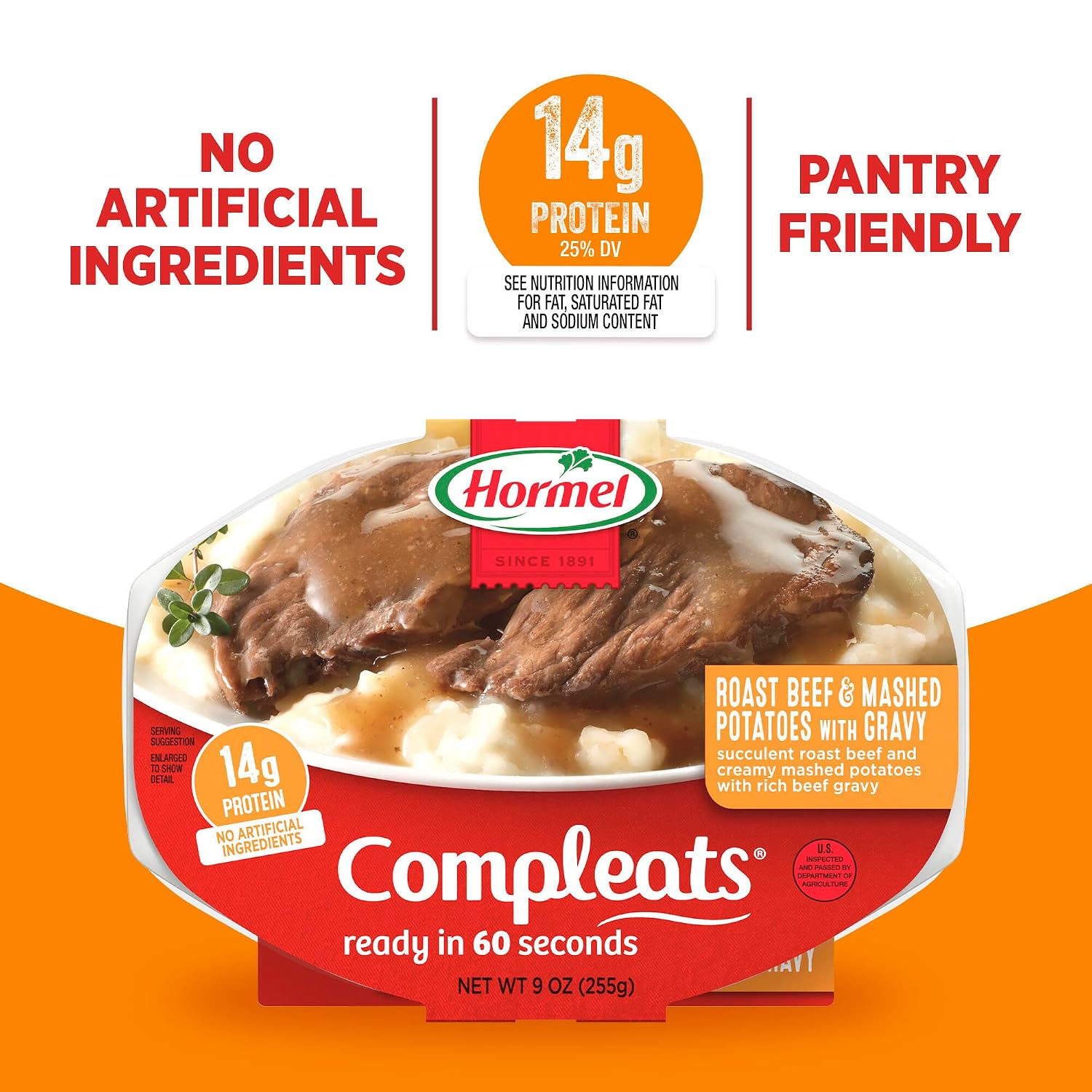 HORMEL COMPLEATS Tender Beef With Mashed Potatoes & Gravy Microwave Tray, 9 oz. (6 Pack) | Heat and Eat, Microwave Meals, Prepared Foods