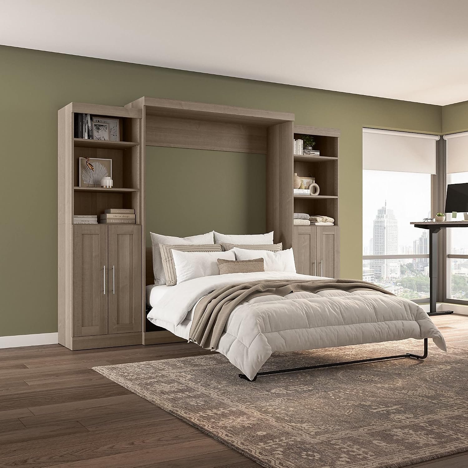 Bestar Pur Full Murphy Bed and 2 Shelving Units with Drawers, 109-inch Space-Saving Sleeping Arrangement in White | 2 Shelving Units with Drawers; supports up to 1000 lb; min. ceiling height 86.4 in.; dual piston mechanism; 10-year warranty