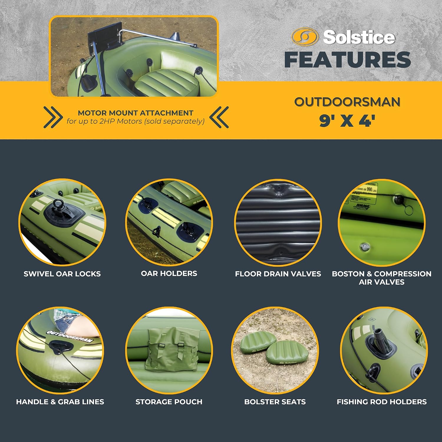 Solstice Voyager 4-Person Inflatable Fishing Boat with Dual Swivel Oar Locks and Rod -Holder, Motor Compatible 9' x 5'