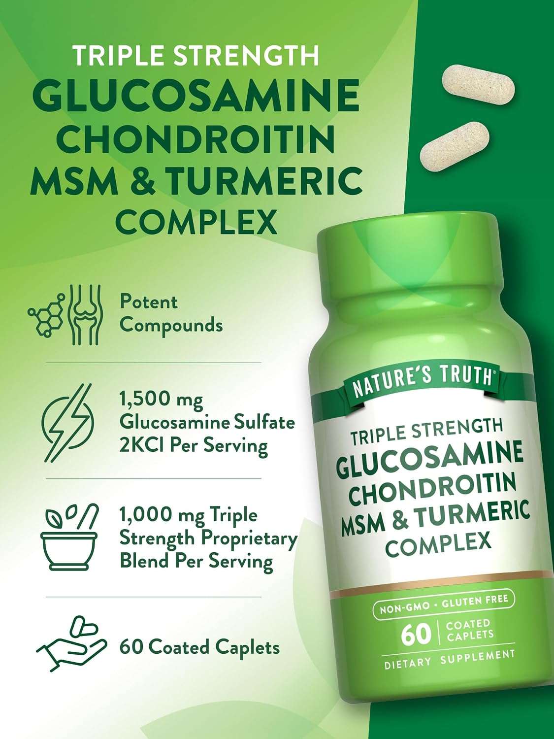 Nature's Truth Glucosamine Chondroitin MSM Complex | 60 Caplets | with Turmeric | Triple Strength Formula | Non-GMO and Gluten Free Supplement