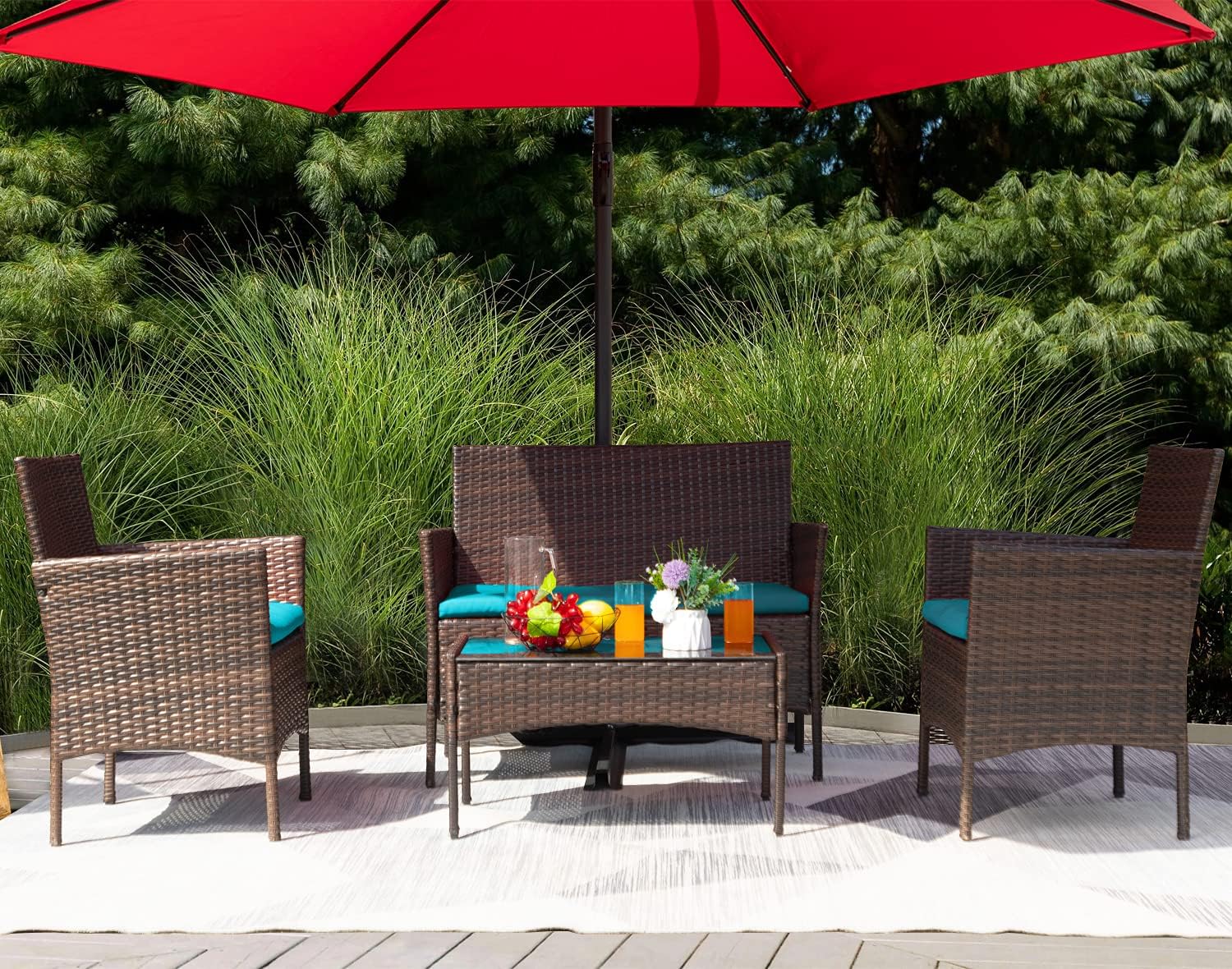 Greesum Patio Furniture 4 Pieces Conversation Sets,Brown and Beige