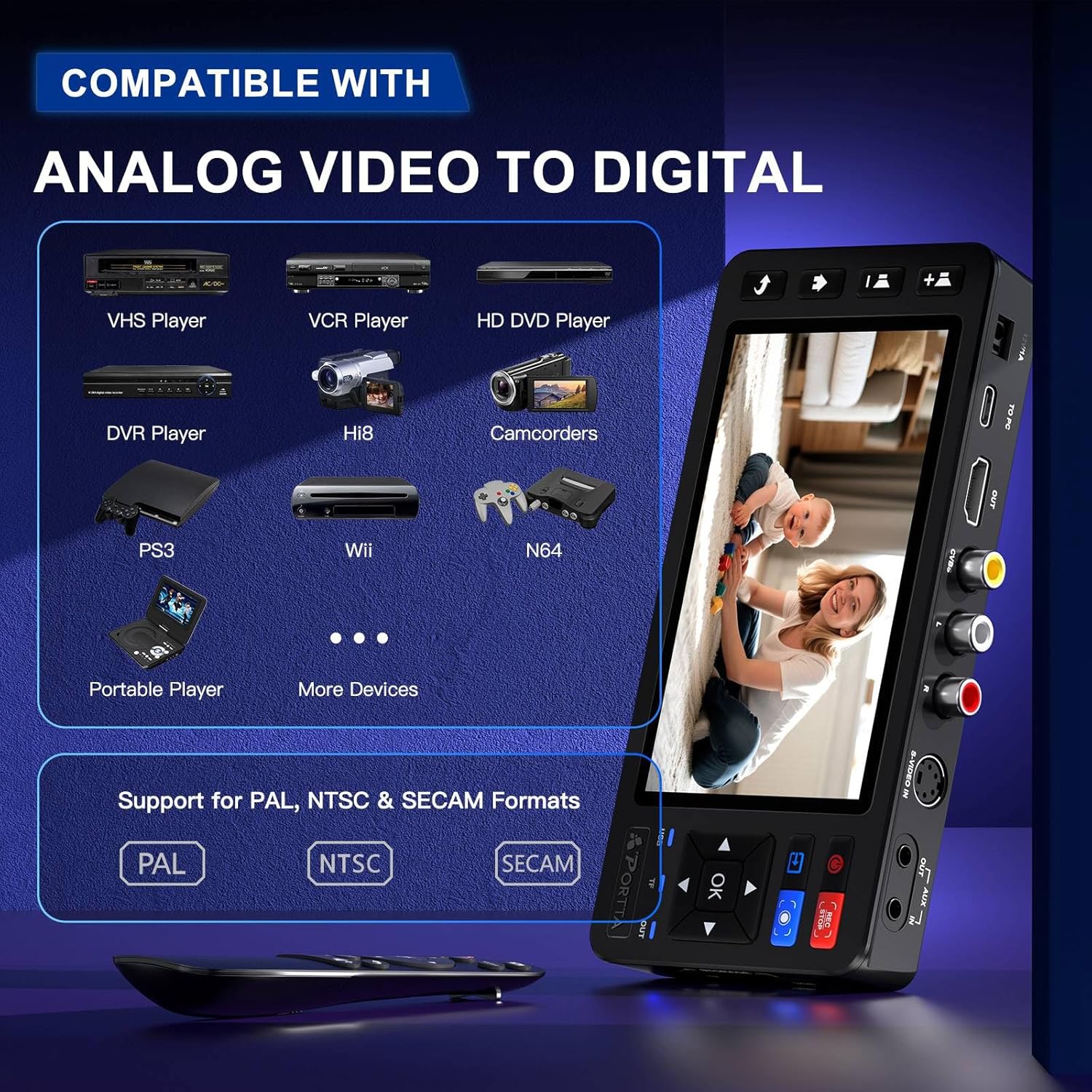 Portta VD20P VHS to Digital Converter with 5" HD Screen, Video Capture Recorder Convert to MP4 Compatible with VHS, VCR, DVR, DVD, Hi8, Mini DV
