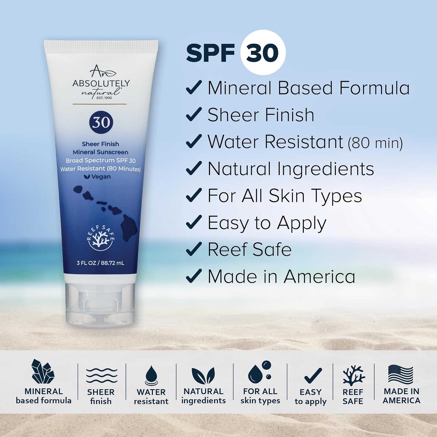 Absolutely Natural - SPF 15 Mineral Sunscreen - Broad Spectrum Water Resistant Moisturizer Lotion For Body & Face - With Non-Nano Zinc Oxide, Vitamin E, & Antioxidants - Made in USA, 3 Oz