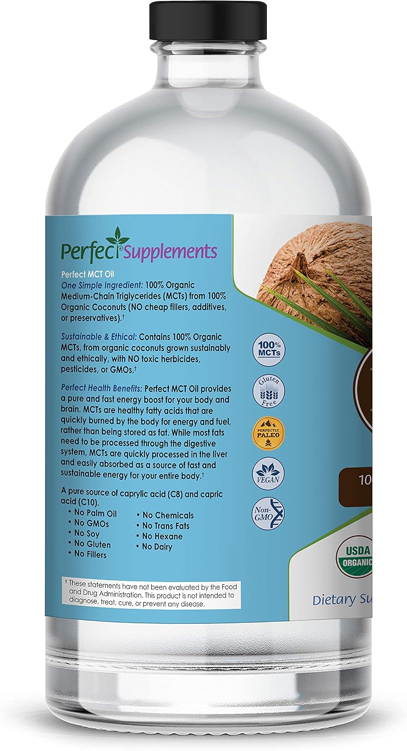Perfect Supplements – Perfect MCT Oil – 30oz – Organic Coconut MCTs Unflavored Oil – Boosts Sustainable Energy for Body & Brain
