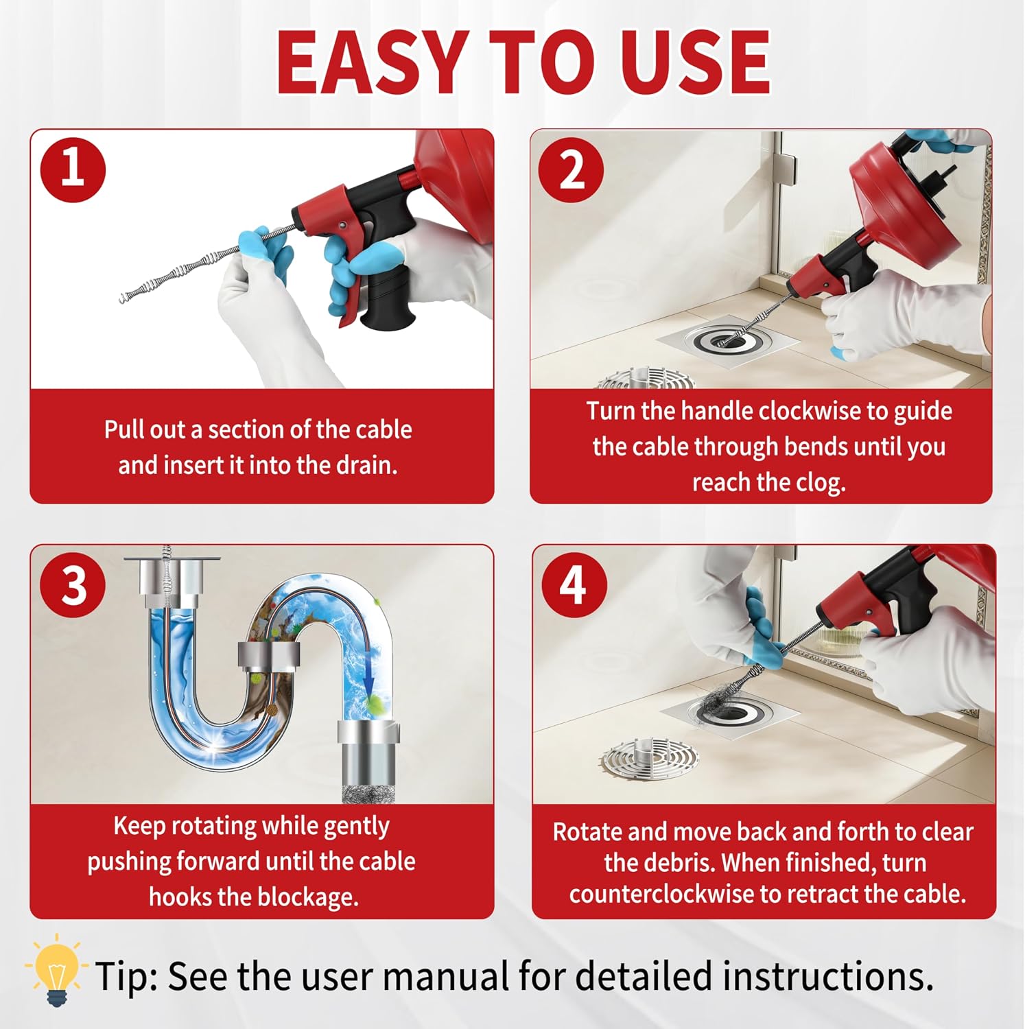 Drain Snake 25 Ft with Drill Attachment, Auto Feed 1/4 Inch Plumbing Snake for Sink, Shower & Tub Clogs, Manual or Drill-Powered Drain Auger, with Gloves, Safety Glasses & Storage Bag