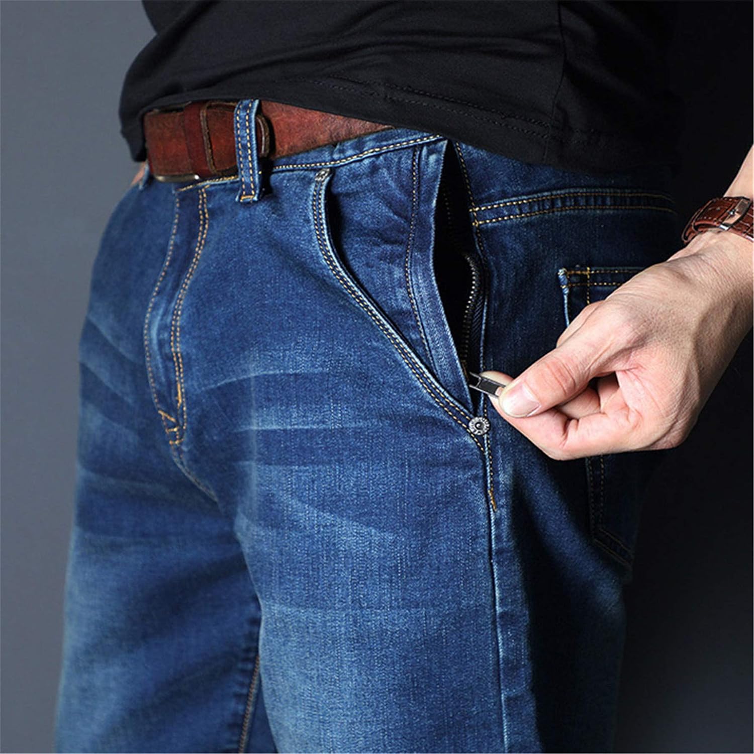 Andongnywell Men's Loose Stretch Denim Pants Elastic Waist Loose Fit Jeans Stretchy Casual Solid Trousers