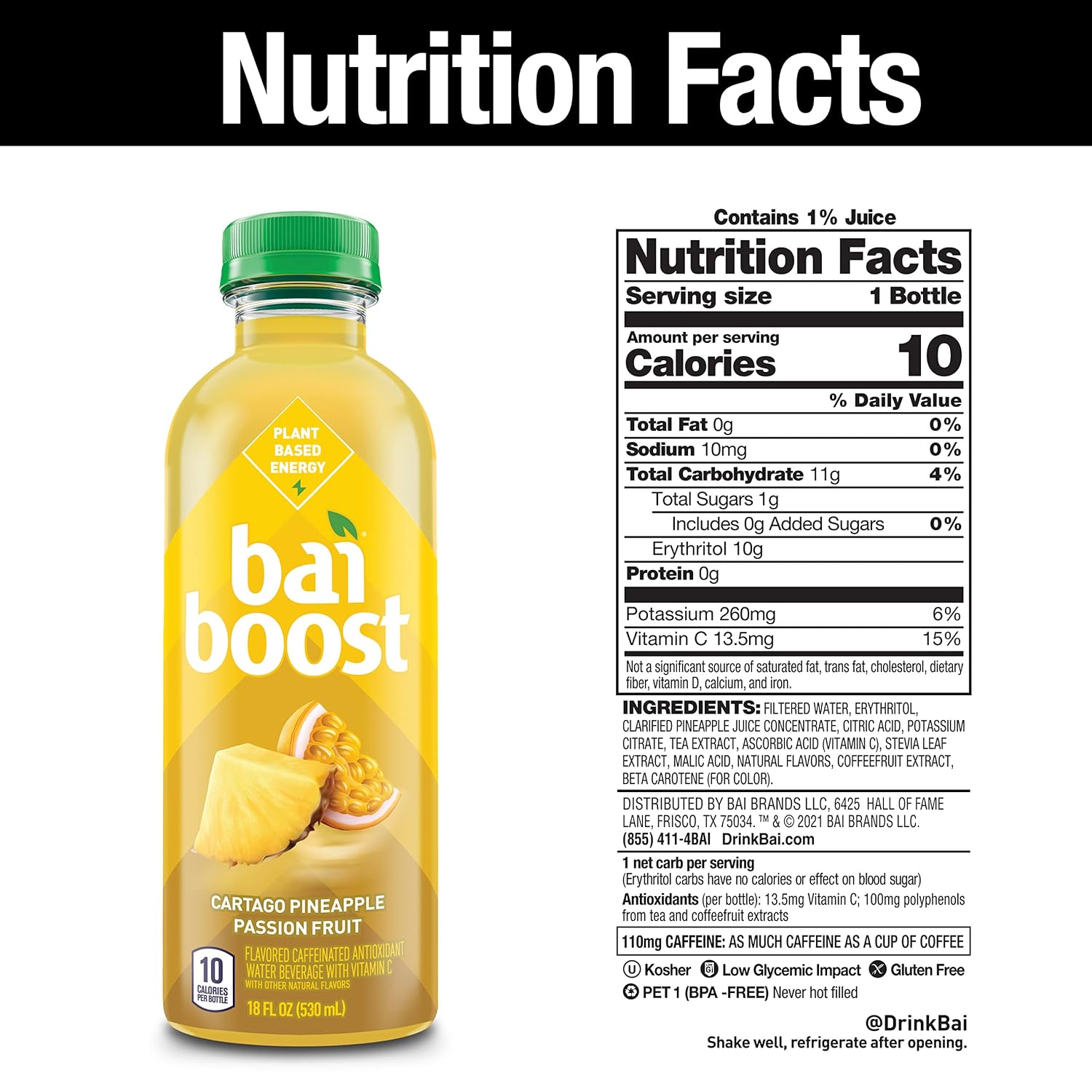 Bai Coconut Flavored Water Puna Coconut Pineapple, Antioxidant Infused, Coconut Pineapple Flavored Water Drink, 18 Fluid Ounce Bottles, 6 Count