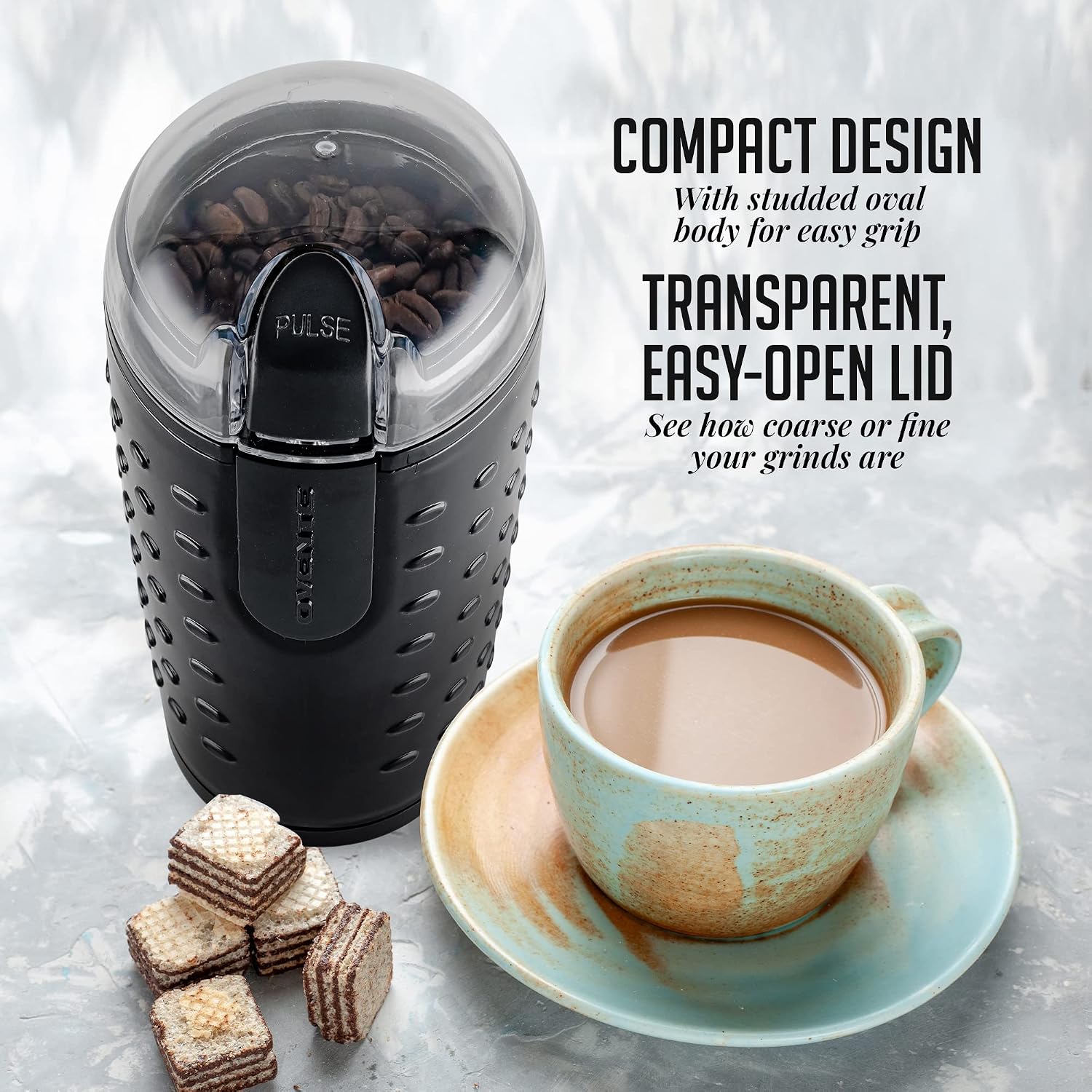 OVENTE Electric Coffee Grinder with One Touch Push-Button, White CG225W | 2.5oz Capacity, 150W Motor, Stainless Steel Blades for Uniform Grinding of Beans, Spices, Herb, Nuts & More, Safety Lock Lid