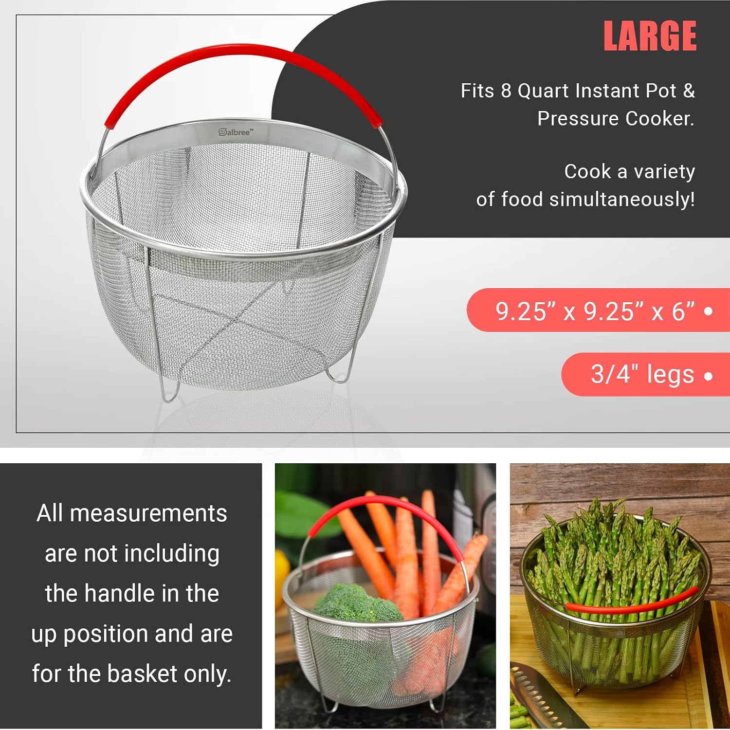 Salbree Steamer Basket for 6qt Instant Pot and Many Other Pressure Cookers | Stainless steel strainer insert with silicone handle fits the 6qt Instant Pot and most air fryers. Comes in 3 different sizes