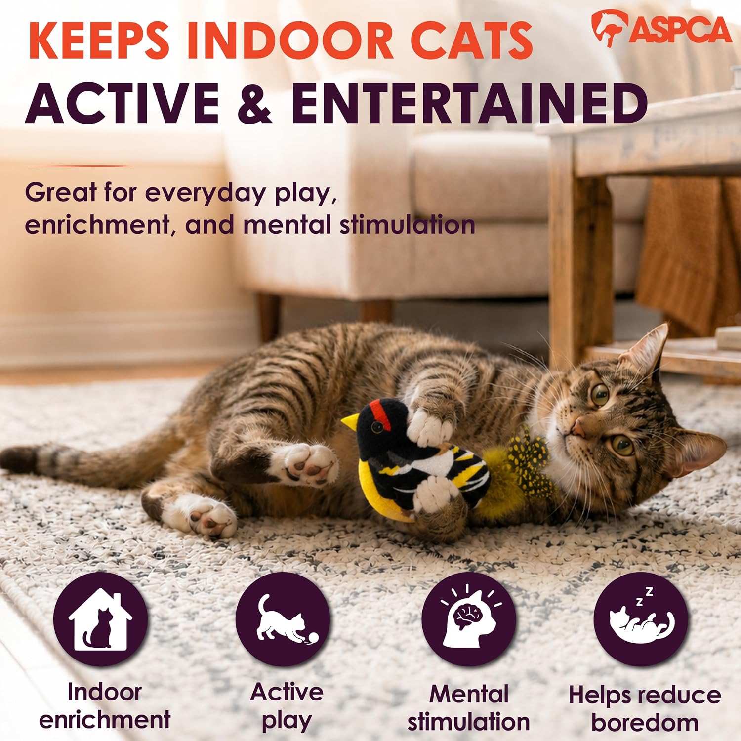ASPCA Chirping Bird Cat Toy – Catnip-Infused Plush Bird Toy with Realistic Sound, Interactive Cat Toy for Indoor Cats, Encourages Pouncing, Batting & Natural Hunting Play