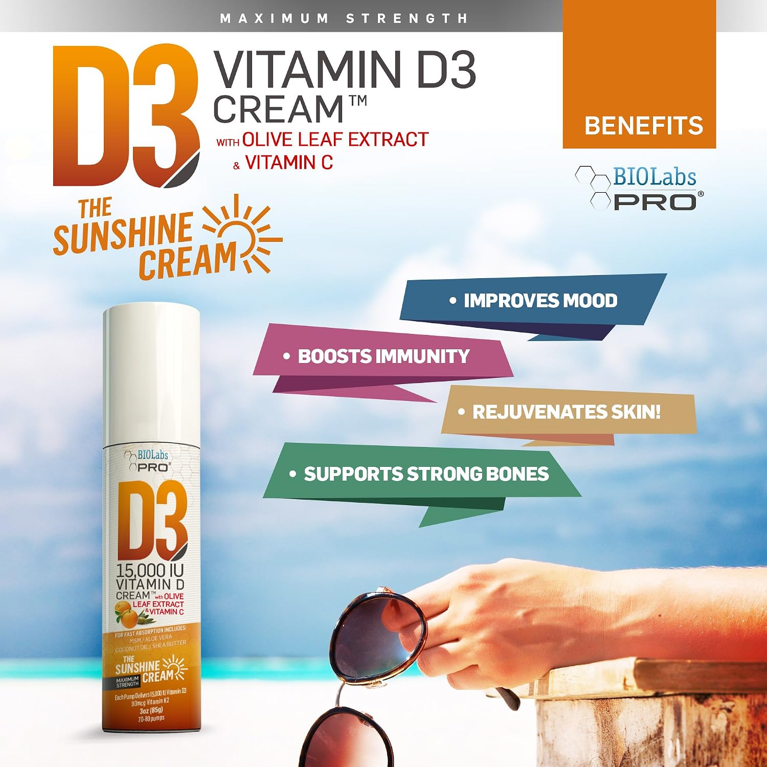 All Natural Vitamin D3 15000IU Vitamin D Cream, Maximum Strength Vitamin K2 | Fight Vitamin D Deficiency Naturally, with Olive Leaf Extract