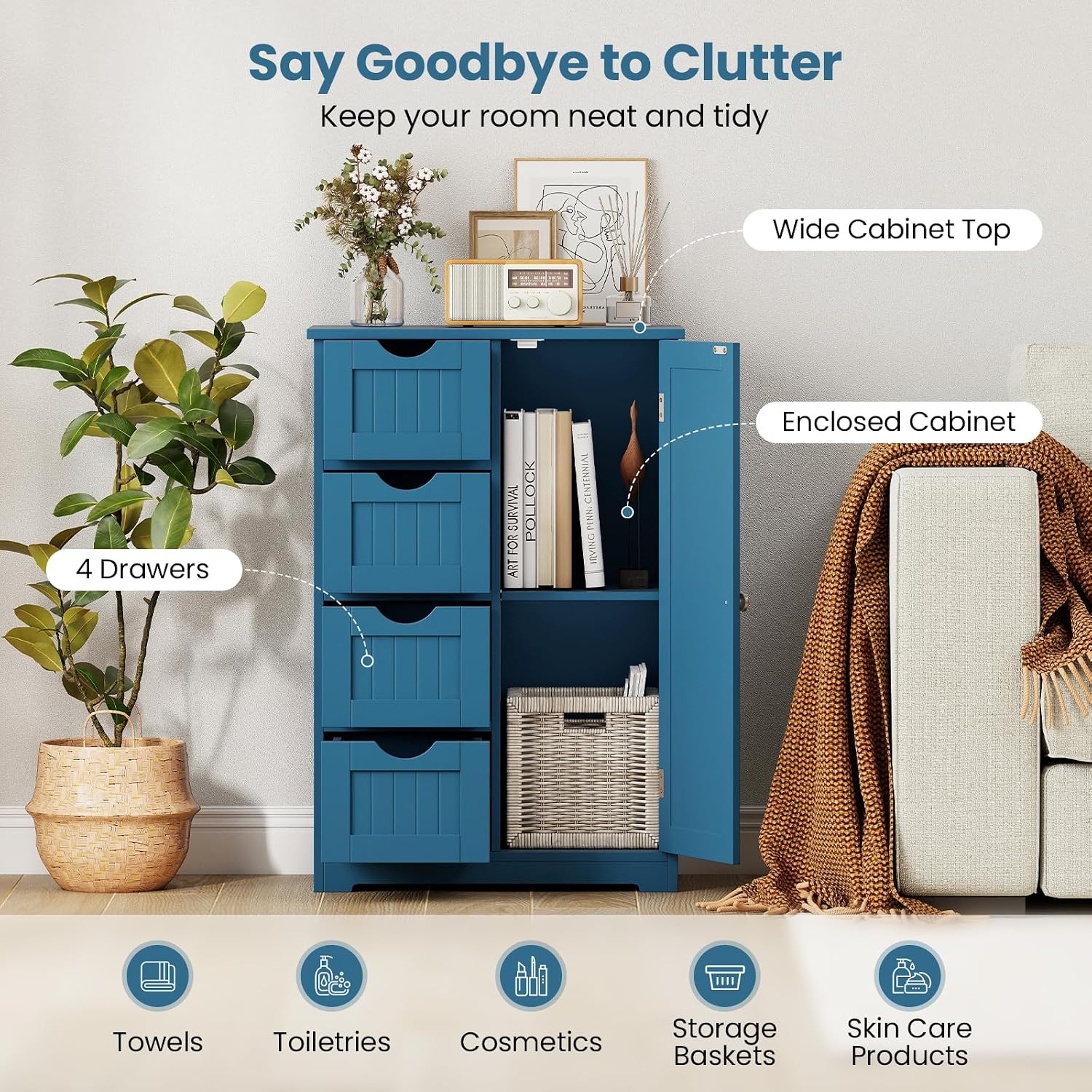 Giantex Storage Cabinet with 4 Drawers, Bathroom Storage Organizer with Cupboard, Adjustable Shelf, Anti-Toppling Device, Floor Cabinet, Entryway Storage Unit Console Table, White