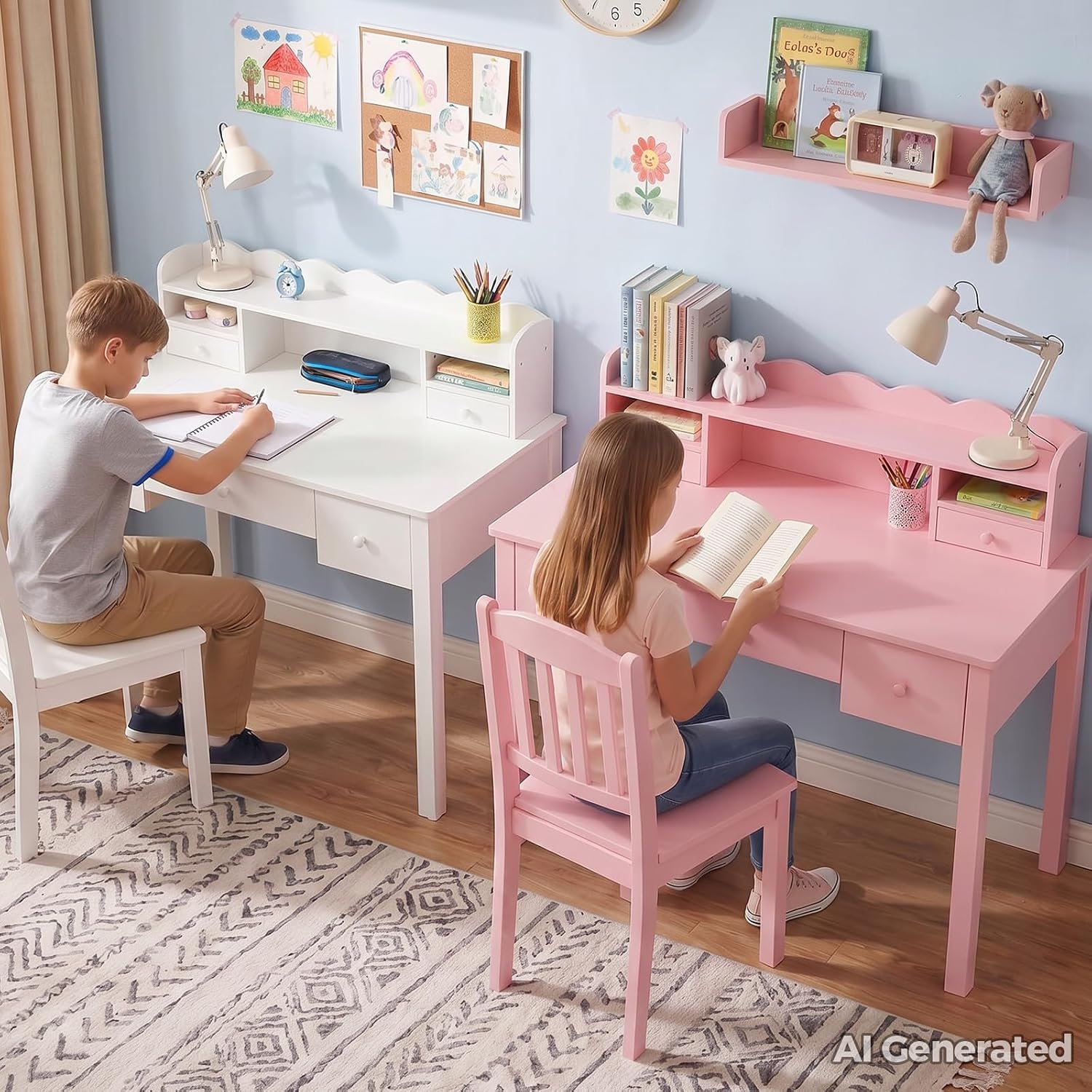FUNKOCO Writing Desk with Hutch, 40" Small White Desk for Girls, 5 Drawers