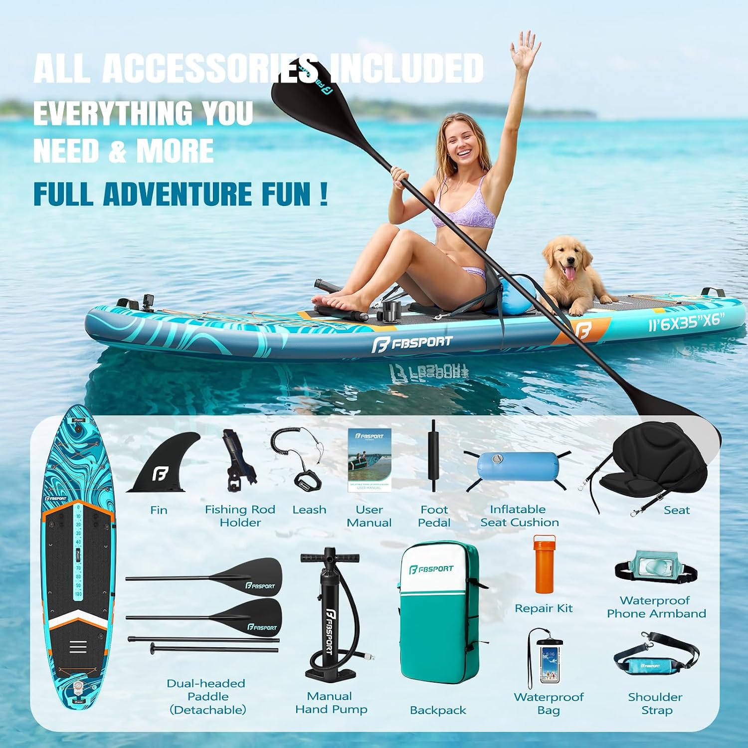 FBSPORT 11' Premium Stand Up Paddle Board, Yoga Board with SUP Accessories & Carry Bag | Wide Stance, Surf Control, Non-Slip Deck, Leash