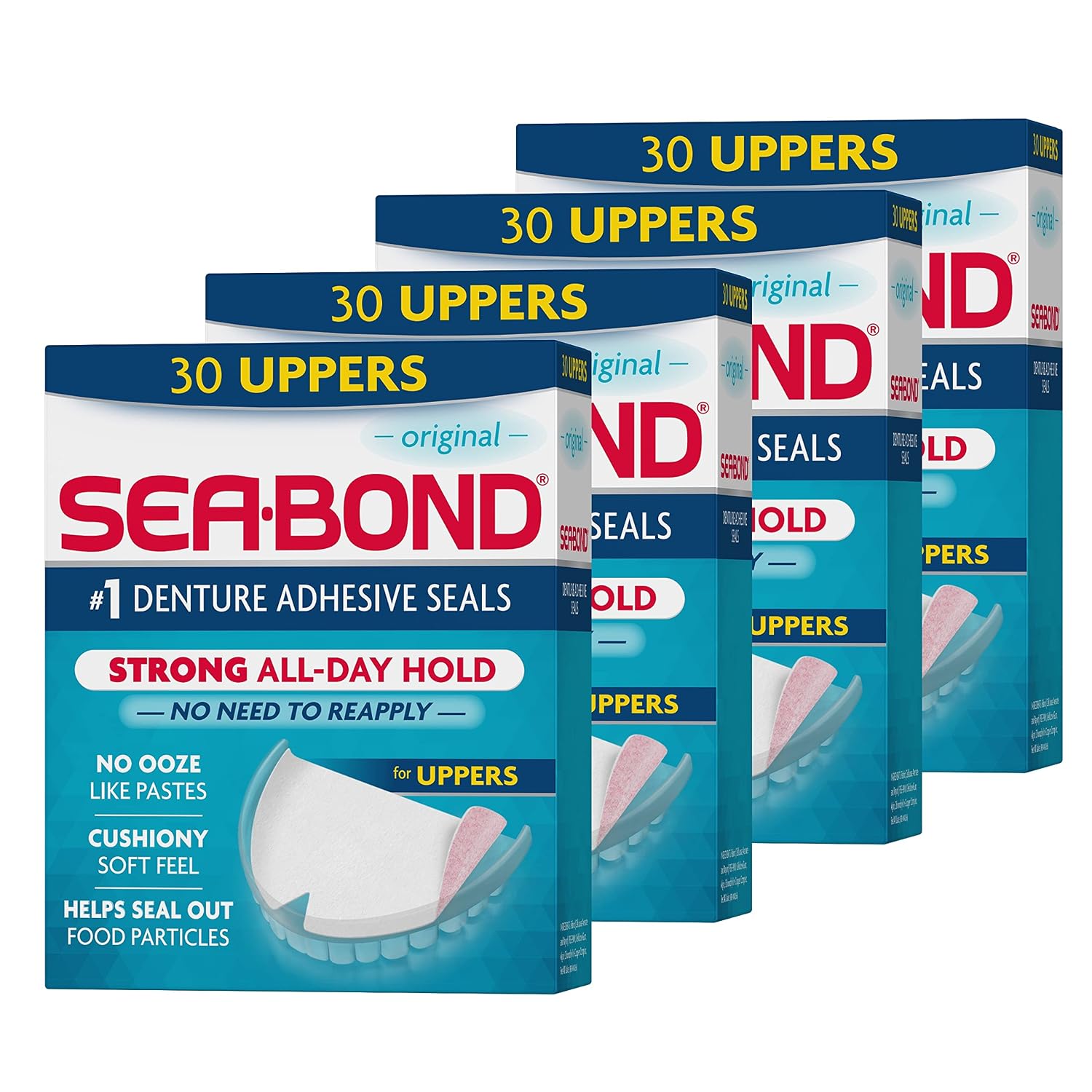 SEA BOND Denture Adhesive Seals, Original, Uppers, 30 Count (1 Pack) | Zinc-free denture adhesive seals for all-day hold. Soft cushiony seal without mess or ooze. Provides comfort and confidence.