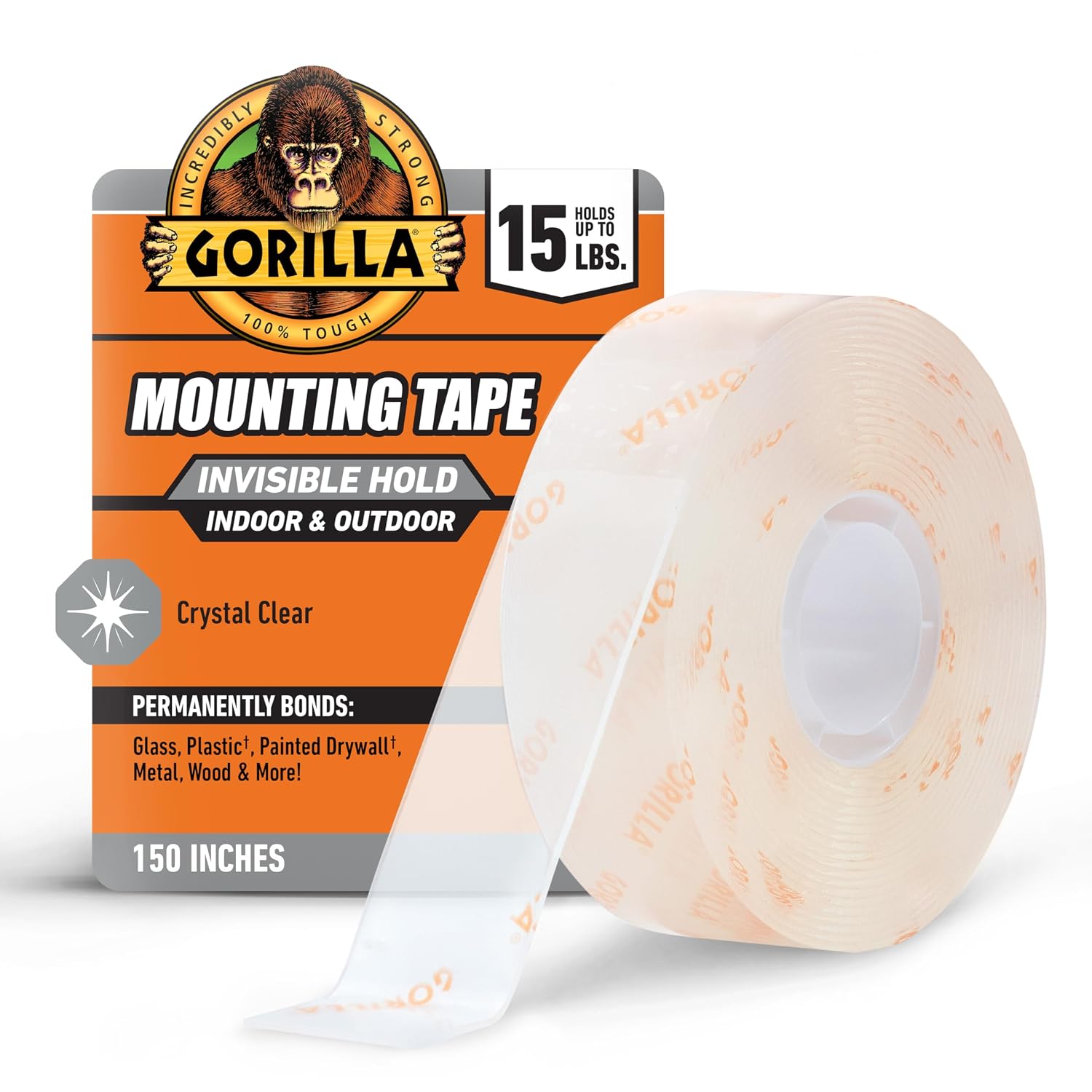 Gorilla Invisible Hold Mounting Tape, 1" x 150" (Pack of 1), Holds up to 15 lbs, Clear Double-Sided Tape for Strong, Permanent Bond
