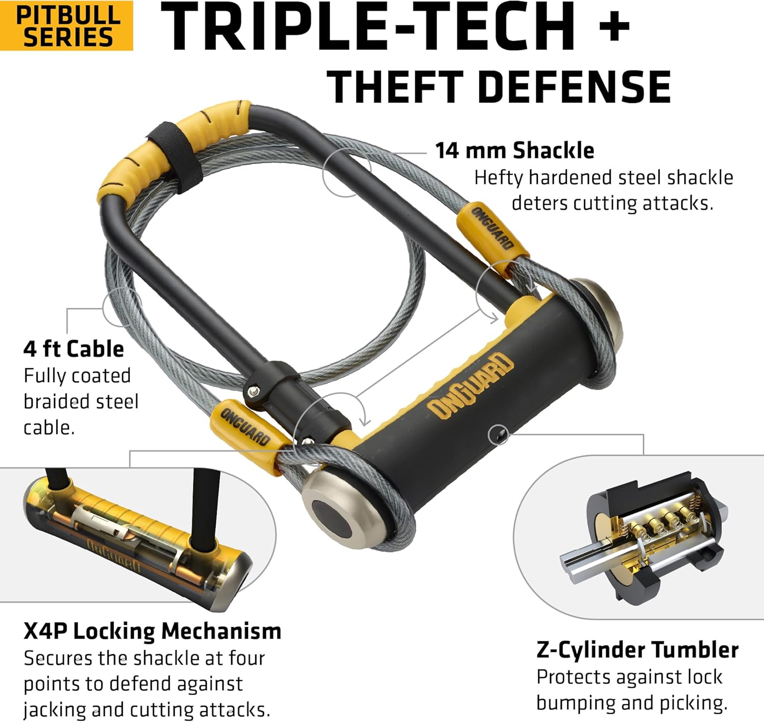 OnGuard Pitbull STD DT U-Lock with 4 ft Cable – 14 mm Hardened Steel Shackle (115 × 230 mm) – Quad Lock System for Bike Security –