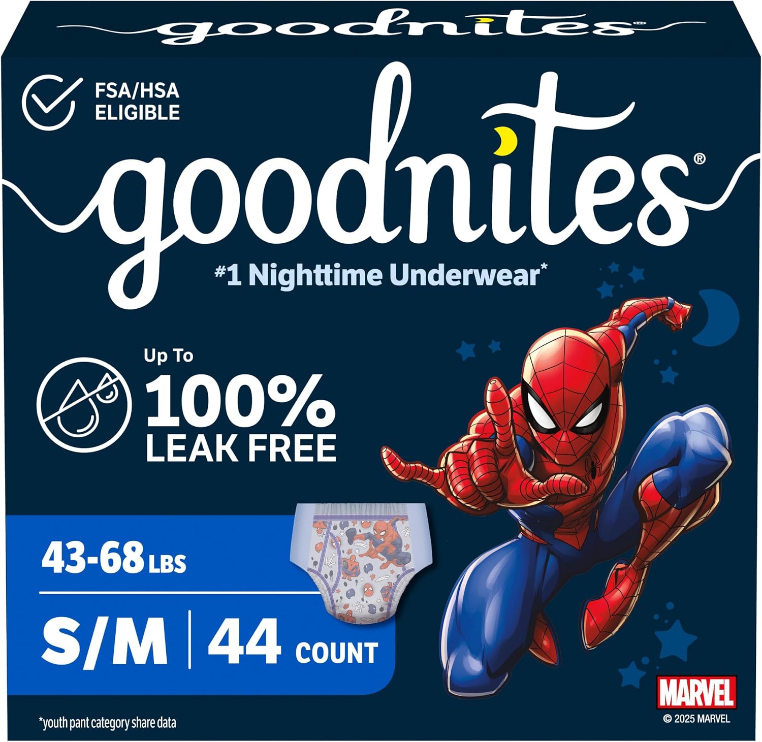 Goodnites Boys' Nighttime Bedwetting Underwear, Size S/M (43-68 lbs), 44 Ct (2 Packs of 22), Packaging May Vary