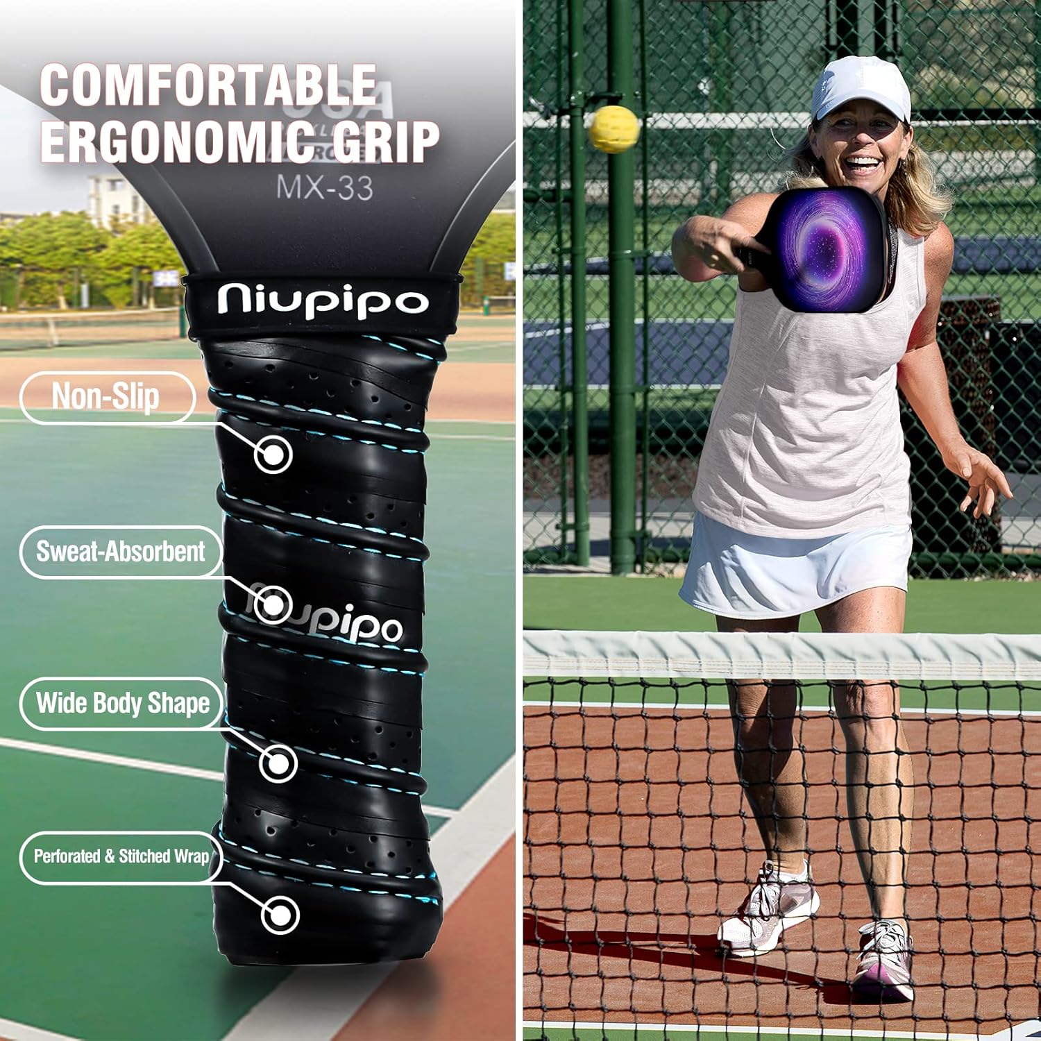 niupipo Pickleball Paddles Set of 2 or 4, USAPA Approved Fiberglass Pickleball Paddle Set with Balls and Bag, Polypropylene Honeycomb Core