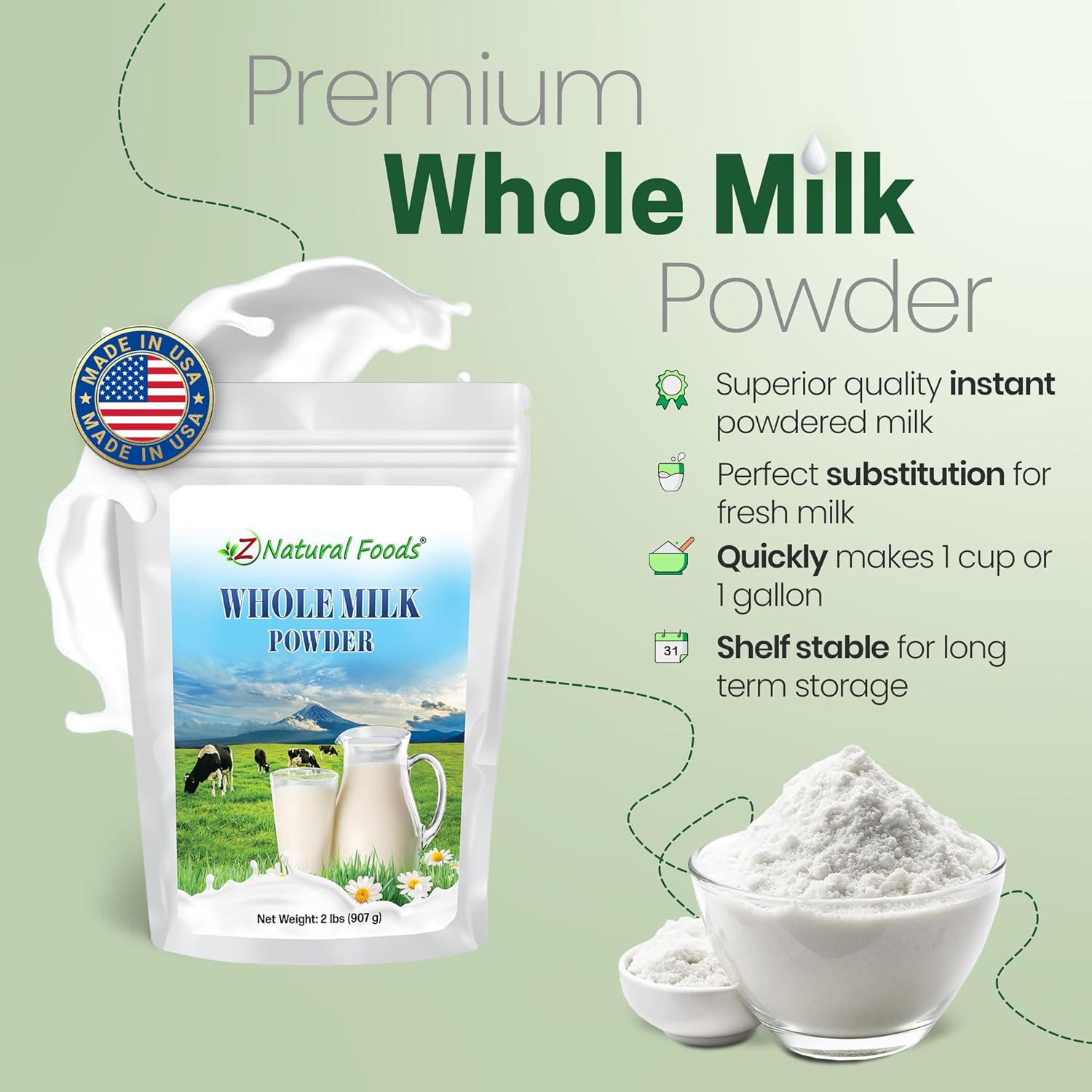Z Natural Foods Premium Whole Milk Powder - Pasteurized Dry Milk, 5 lb