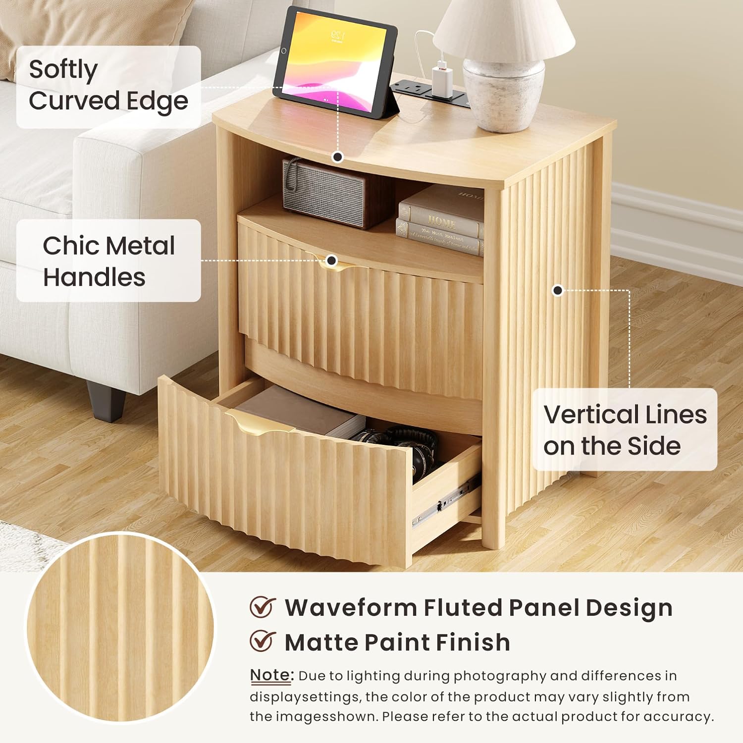 Dystler Fluted LED Night Stand with Hidden Gun Drawer & Charging | 19.7" W Curved Smart Bedside Table, 3-Color LED lights, 2 Drawers, Nightstand with Card-Lock, End Table for Bedroom, Walnut