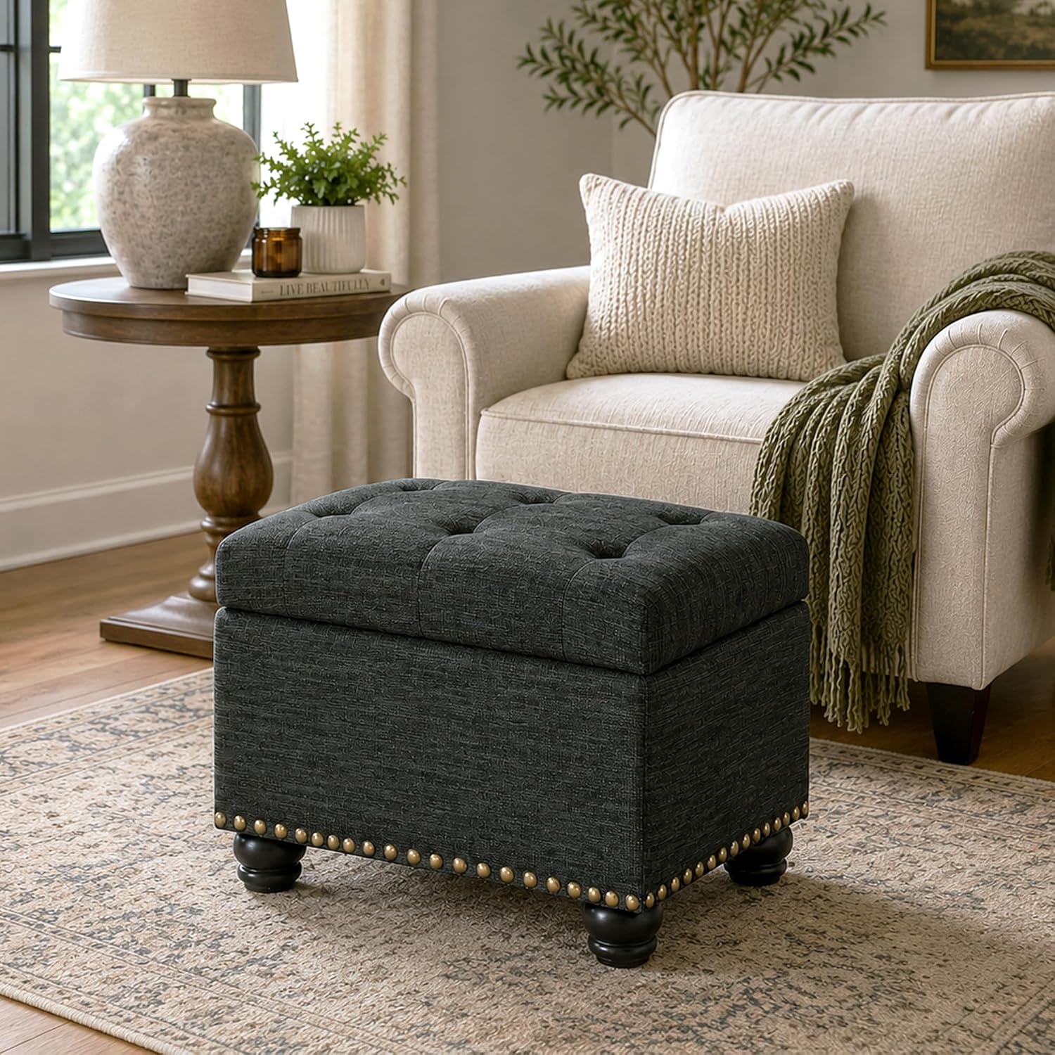 Convenience Concepts Designs4Comfort 5th Avenue Storage Ottoman 24" - Contemporary Foot Stool and Seat with Hinged Lid for Living Room, Dining Room, Office, Den, Espresso Faux Leather