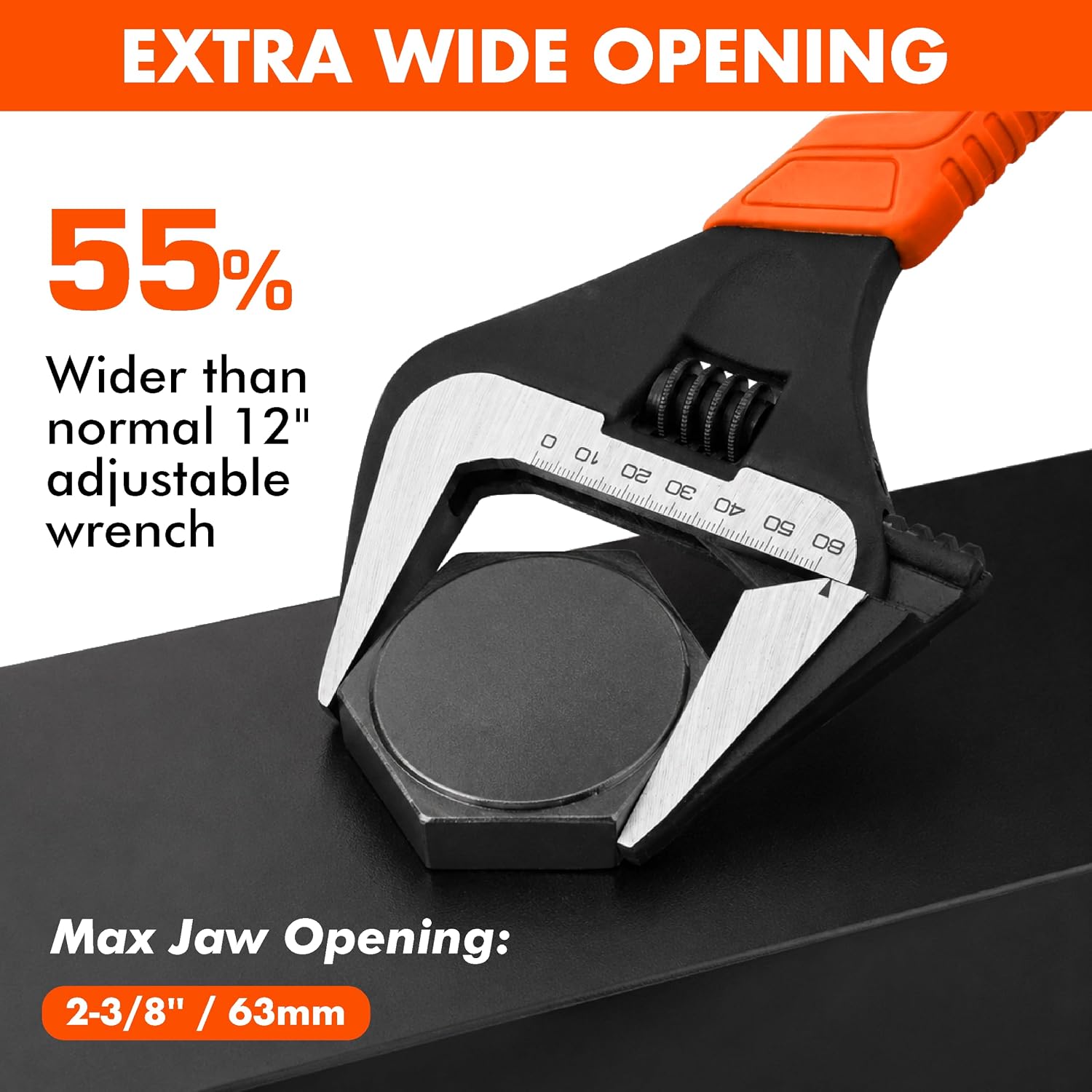 VANQUISH 12 Inch Adjustable Wrench, 2-3/8” Wide Jaw Opening Plumbing Wrench, CR-V Steel, SAE and Metric Scale Marked, With Comfort Grip Handle and Hanging Hole (3154)