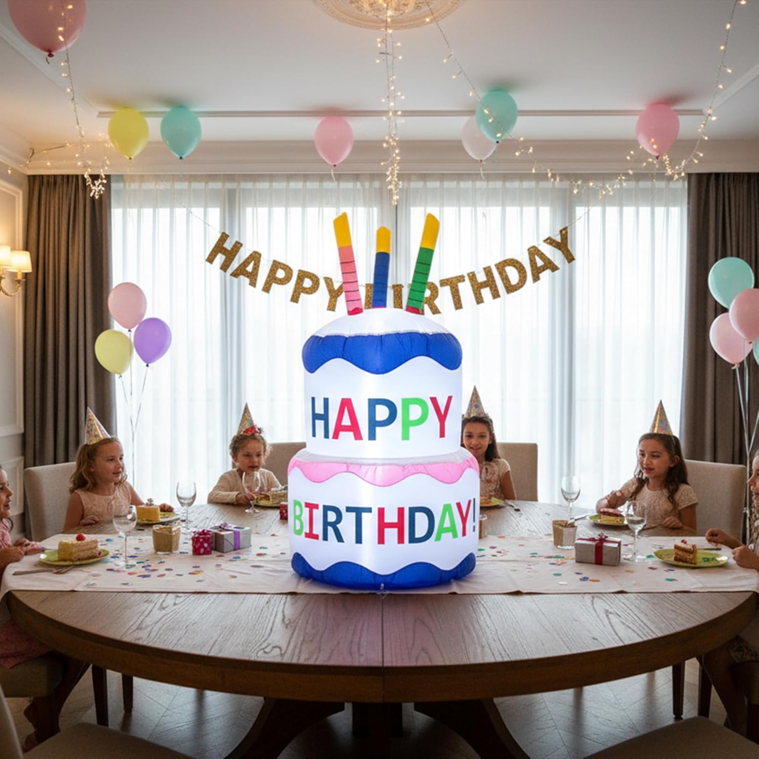 Sunnydaze 4-Foot Happy Birthday Cake Inflatable Decoration - Fan Blower and LED Lights