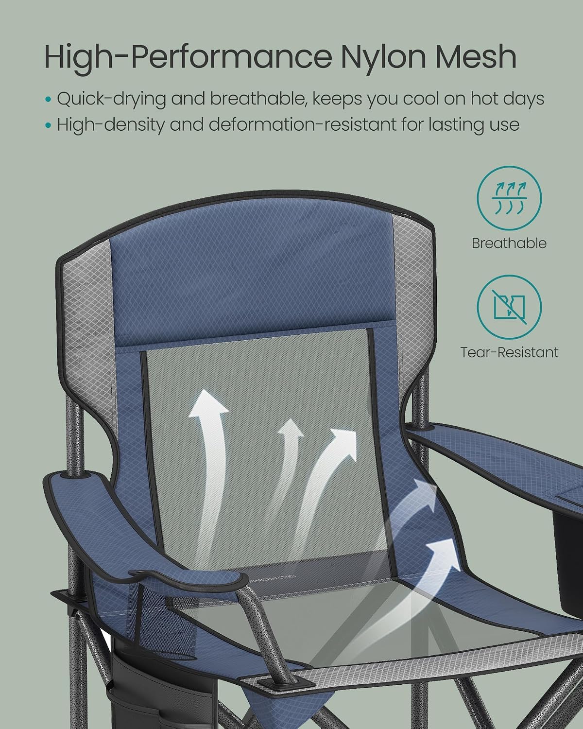 SONGMICS Camping Chair, Folding Oversized Chair, Comfortable and Heavy-Duty, 352 lb Weight Capacity, Adjustable Armrests with Cooler Bag, Storage Bag, Breathable Mesh, Bijou Blue UGCB060Q01