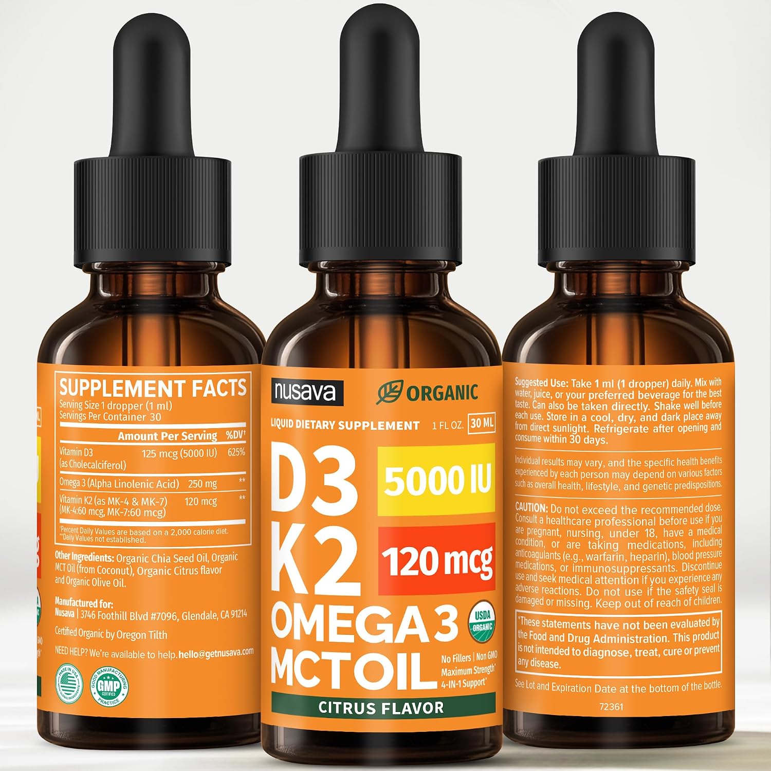 Nusava Organic Vitamin D3 K2 Drops with MCT Oil, Unflavored, Pack of 2