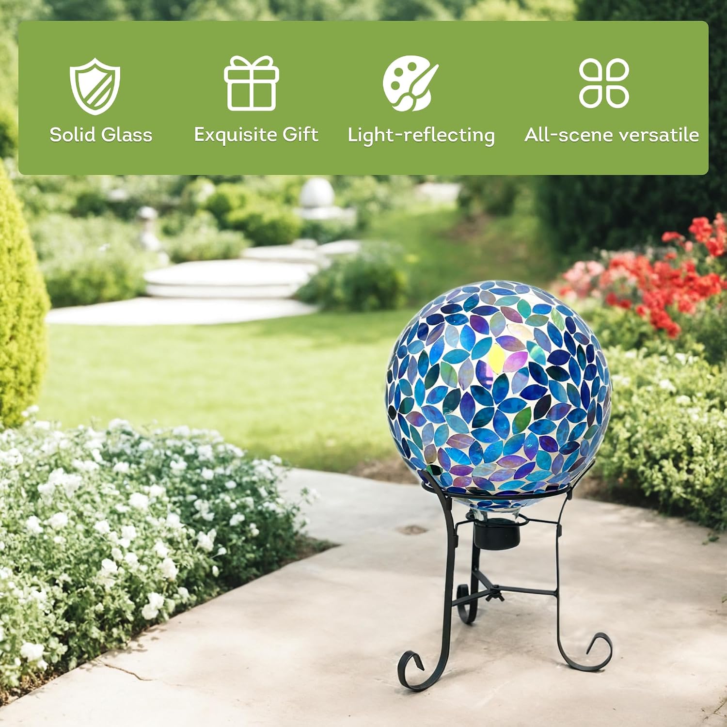 Lily's Home Colorful Mosaic Glass Gazing Ball, Designed with a Stunning Holographic Petal Mosaic Pattern to Bring Color and Reflection to Any Home and Garden, Red and Gold (10" Diameter)