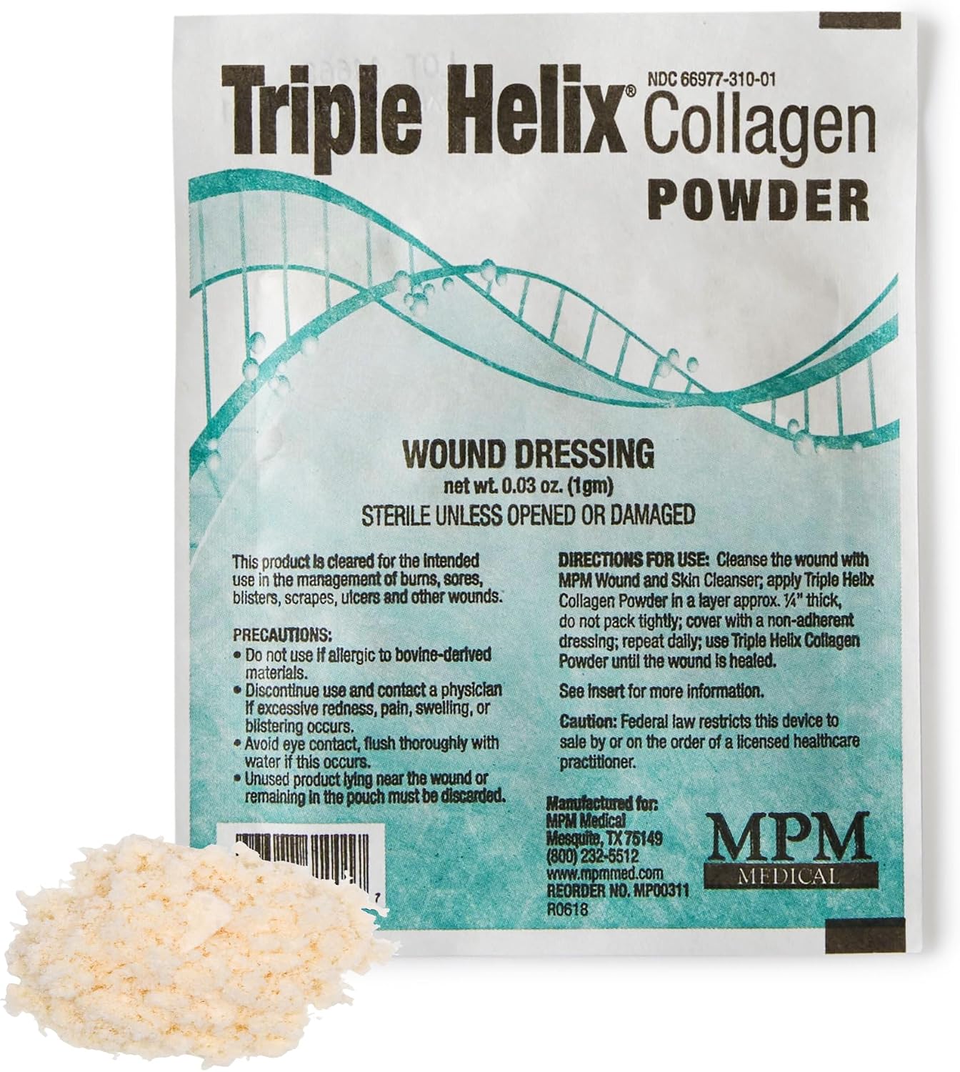 TripleHelix Collagen Powder for Wounds, Type I Bovine, Diabetic, Pressure | 100% Type I non-hydrolyzed bovine collagen. Also for surgical wounds