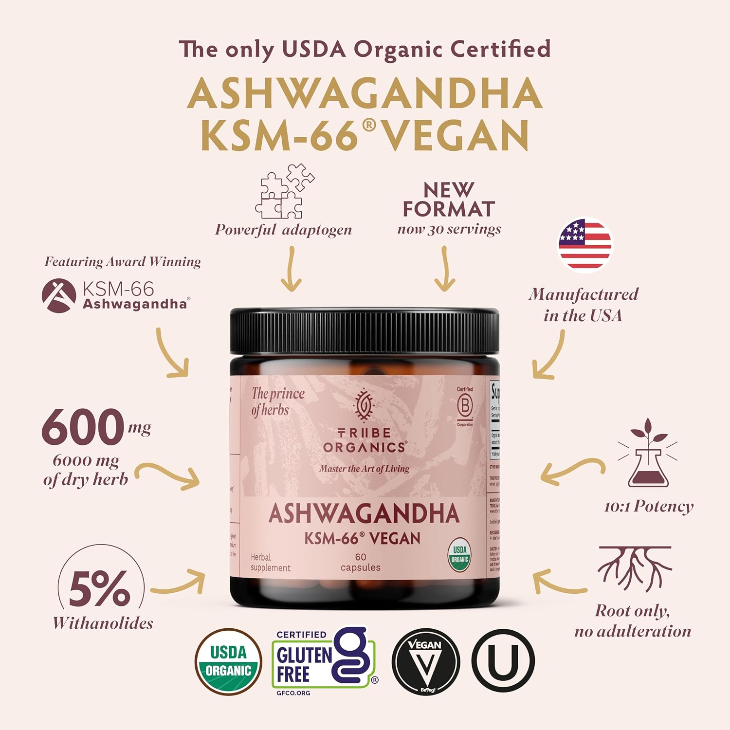 TRIBE ORGANICS Vegan Ashwagandha KSM 66 Pure Organic Root Powder Extract Ayurvedic Supplement - Focus Mood Support Increase Energy Strength 600mg of