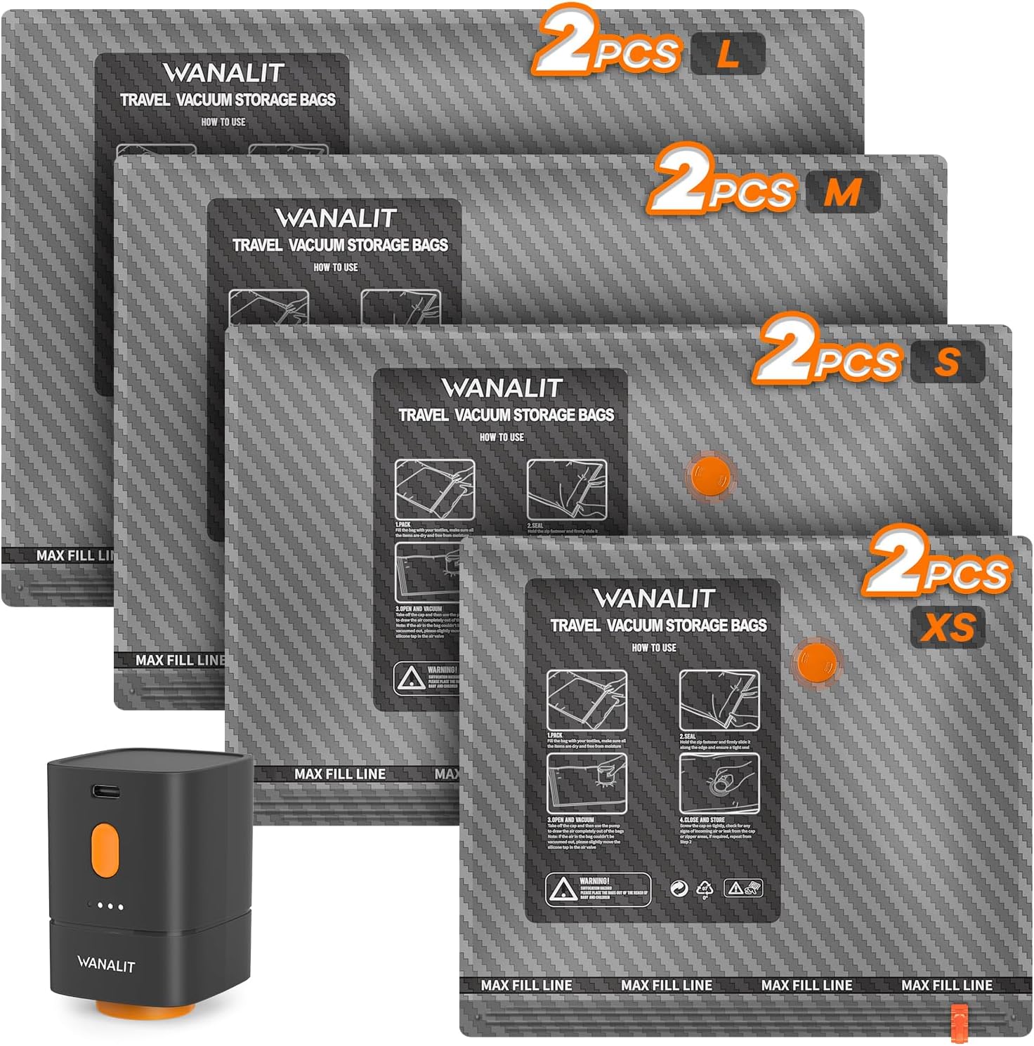 Vacuum Bags for Travel with Wireless Pump for Carry on Luggage or Suitcase | 16Pack in 4 Sizes Compression Packing Bags, 1800mAh Rechargeable Battery, Travel Essentials, Cruise and Home Storage