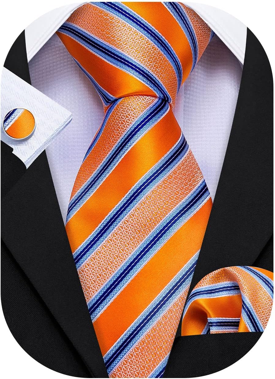 Barry.Wang Plaid Ties for Men Silk Necktie Handkerchief Cuff Links Set