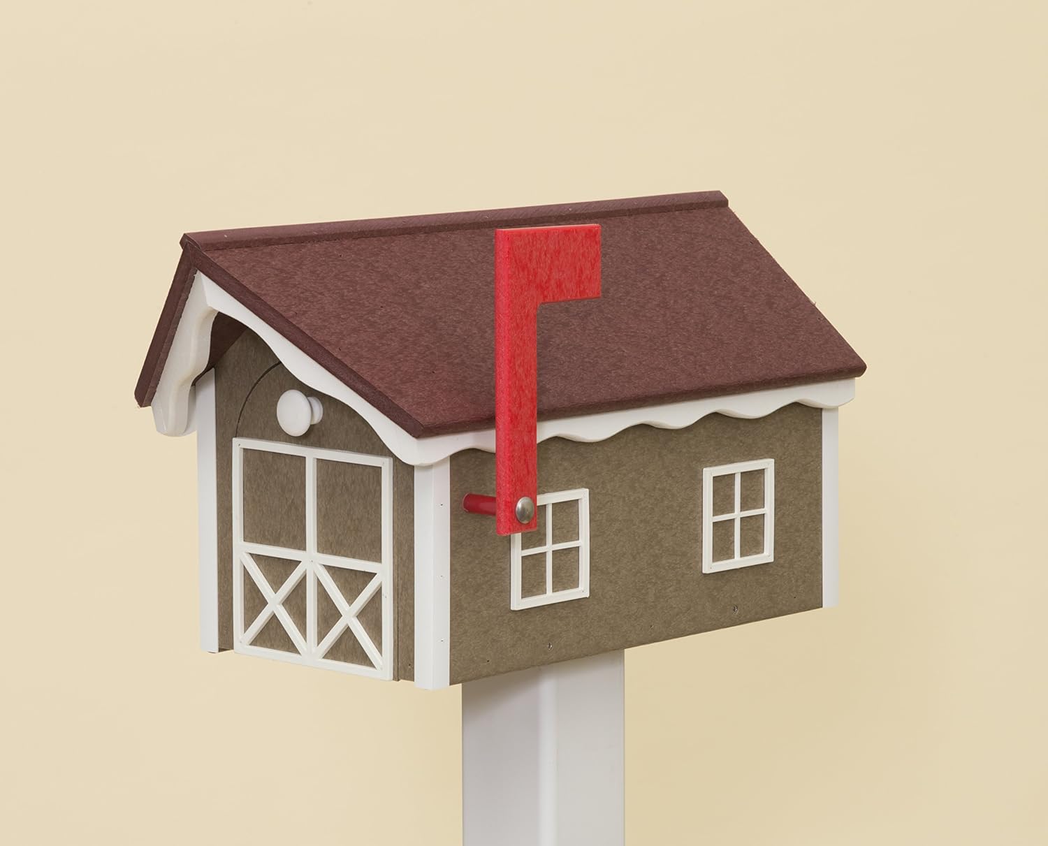 Vinyl Amish Barnstyle Mailbox (Weatherwood with White Trim & Red Roof)