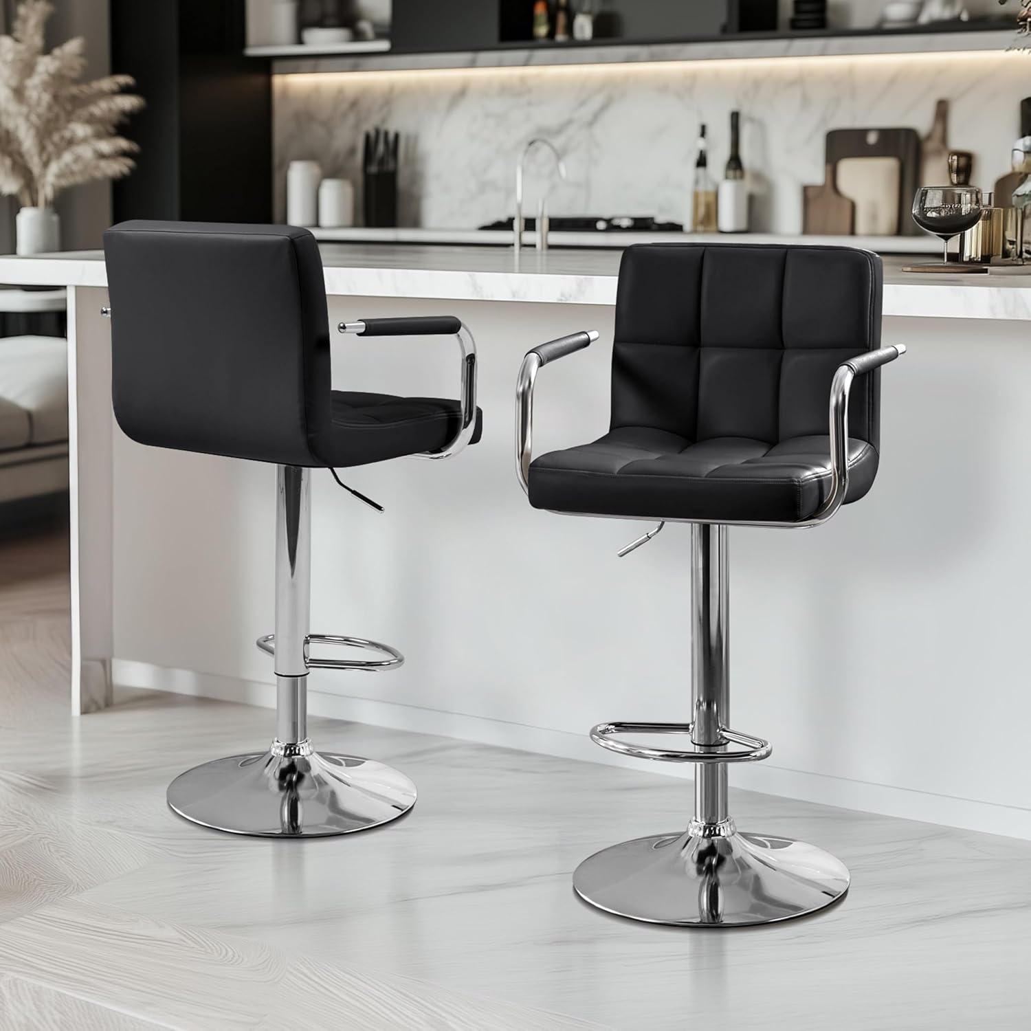 Yaheetech Bar Stools Set of 2, Swivel with Backs, Adjustable Height, White | 360° Swivel Barstools Feature Padded PU Leather Seats, Supportive Backs, 300 lb Capacity for Kitchen Islands