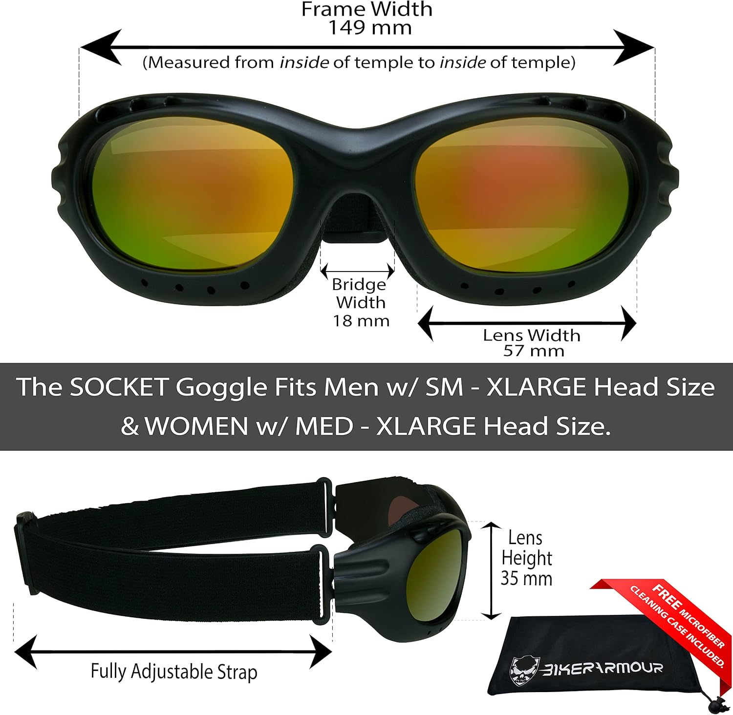Bikershades Motorcycle Safety Riding Goggles Men Women. Polarized Lens, Smoke, Mirrored Blue or Orange, Clear Yellow Lenses