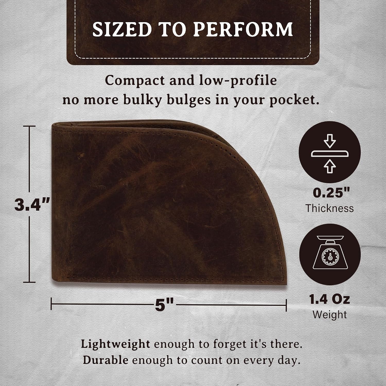 Genuine Bison Leather Wallet for Men, RFID Slim, Brown | Genuine bison leather wallet for men with RFID blocking and curved front pocket fit. Rugged slim everyday carry, brown.