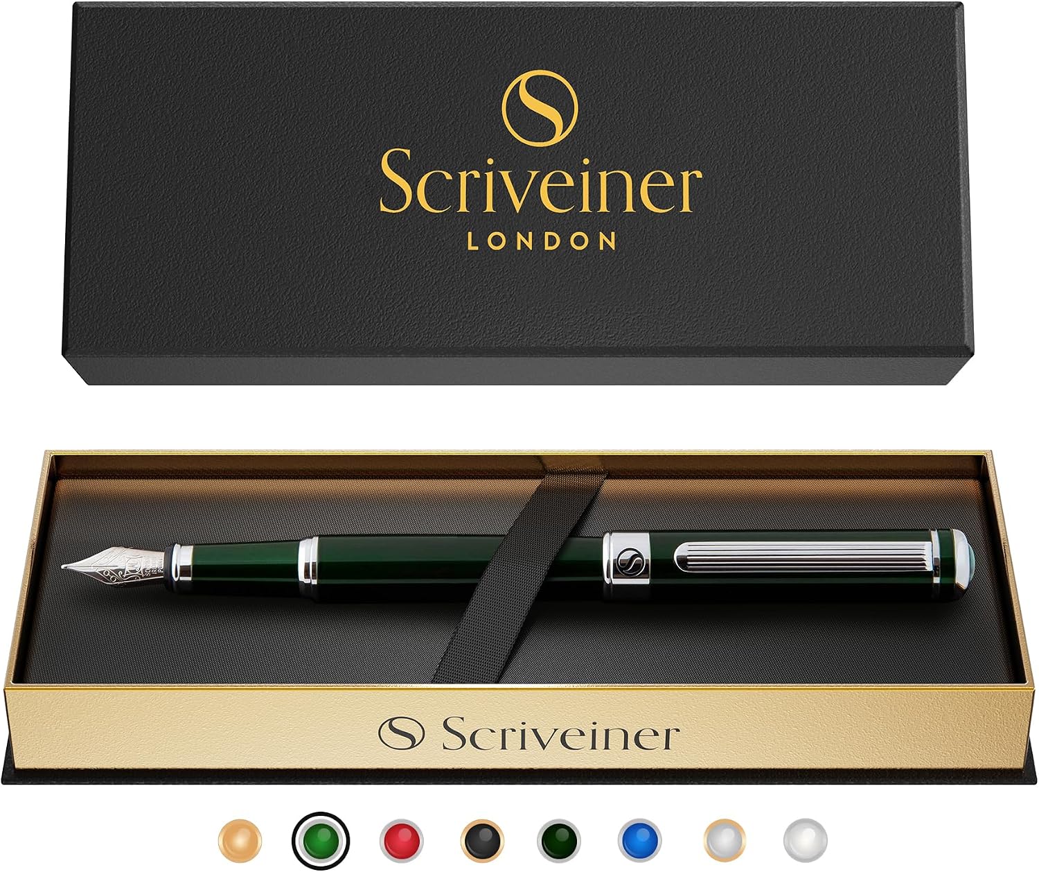Scriveiner Silver Chrome Fountain Pen - Stunning Luxury Pen, Real Gold Finish Schmidt Gilded Nib (Medium), Best Pen Gift Set for Men & Women