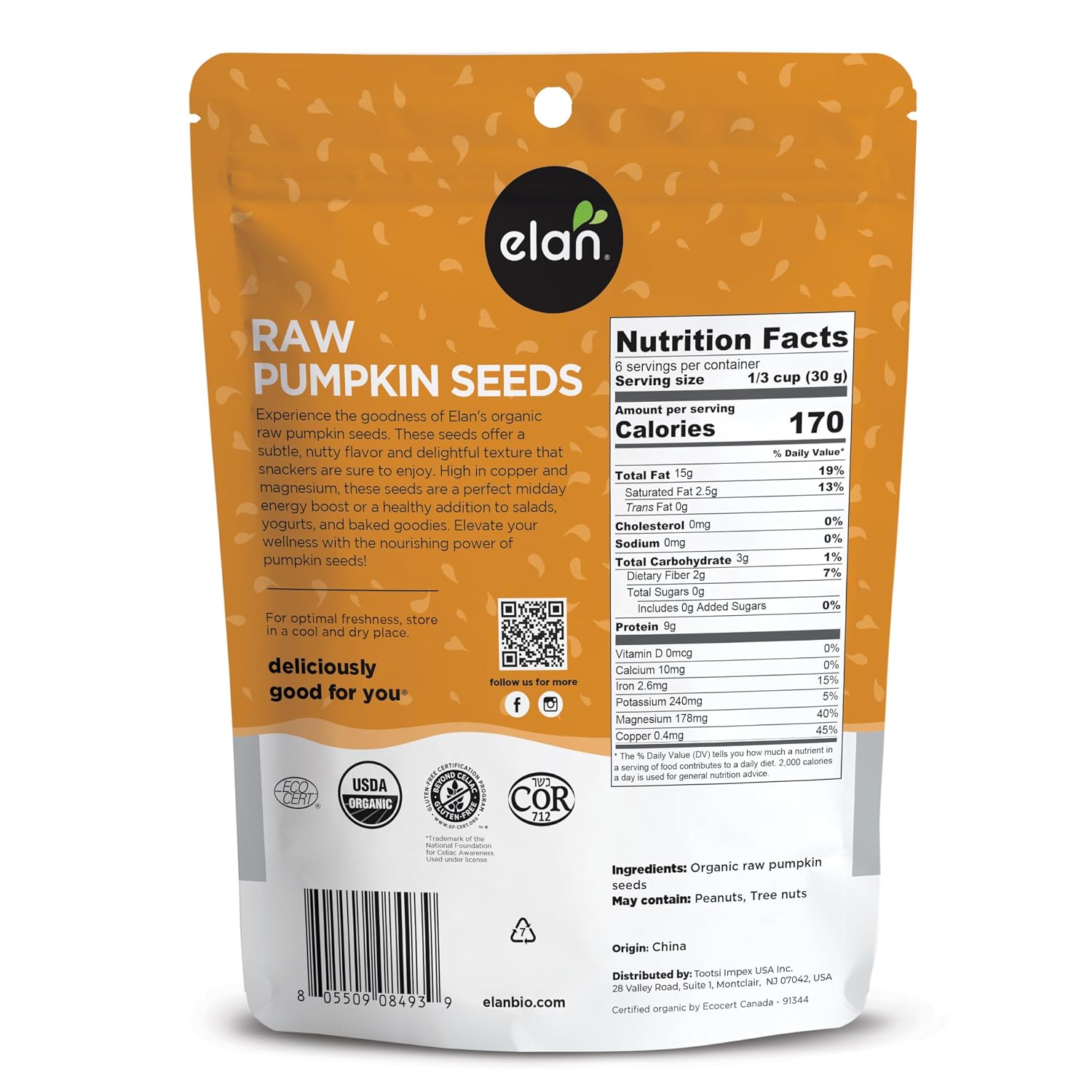 Elan Organic Pumpkin Seeds, 6.5 oz, Unsalted, Unroasted Shelled Kernels, No Shell, Non-GMO, Vegan, Gluten-Free, Kosher, Nutritious Seeds