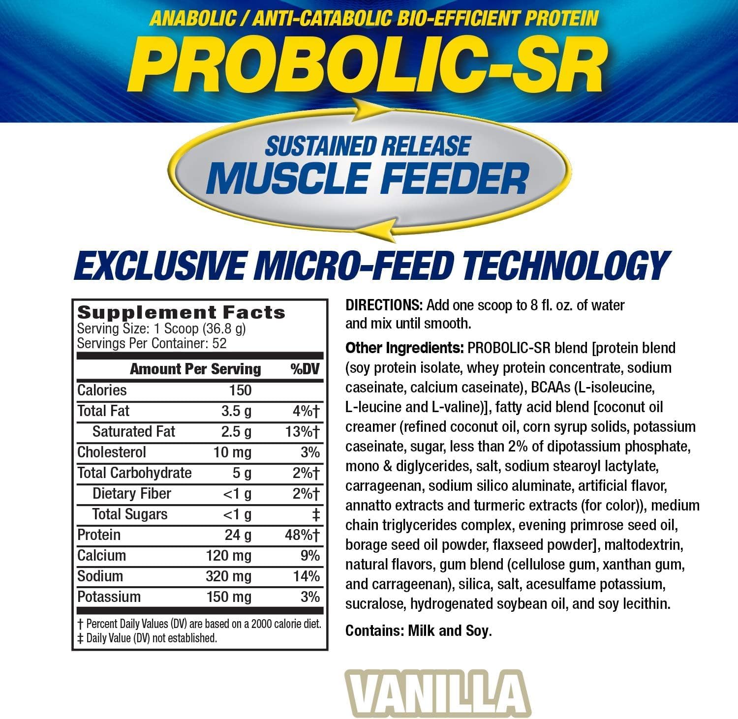Maximum Human Performance Probolic-SR Sustained Release Protein Powder, 24g Protein, BCAAs, Glutamine, Arginine, Pre-Workout, Post-Workout