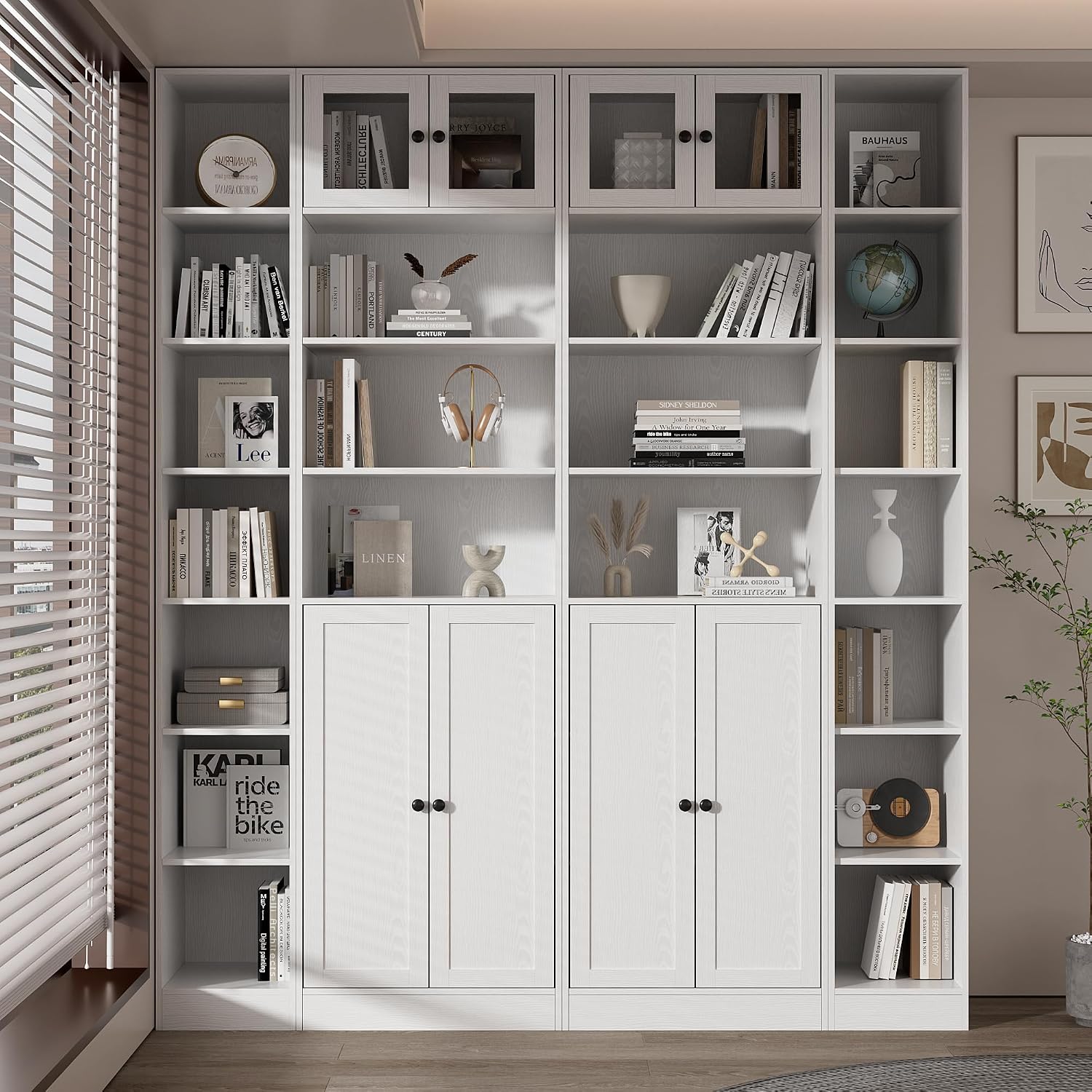TUSY 85.5 Inch Tall Bookshelf with Doors - 7 Tier Bookcase with Glass Doors and Drawer, 23.6" Wide Storage Cabinet with Open Shelves for Living Room, White Book Shelf for Home Office, Study (AAAA)